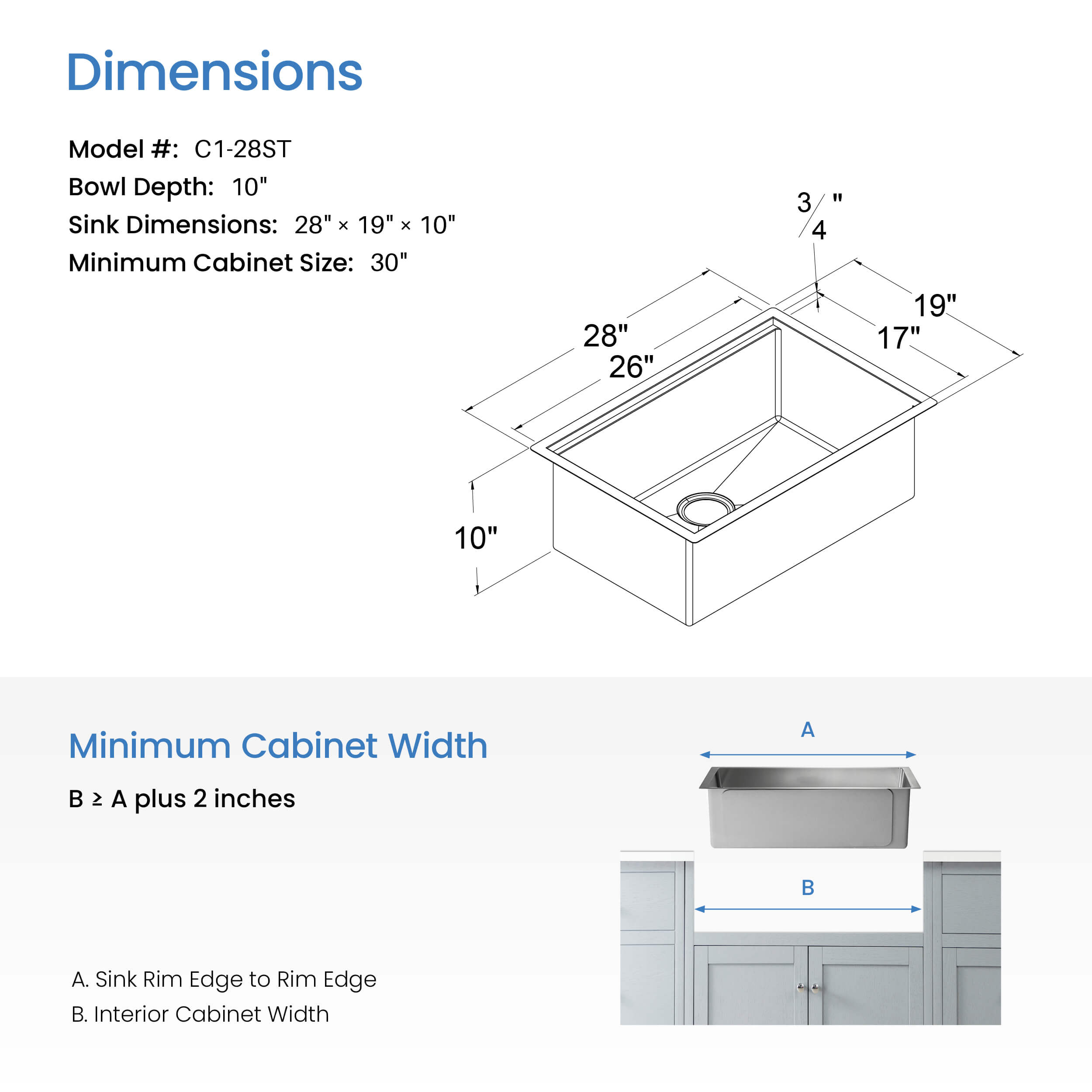28" Undermount Single Bowl Stainless Steel Workstation Sink - C1-28ST