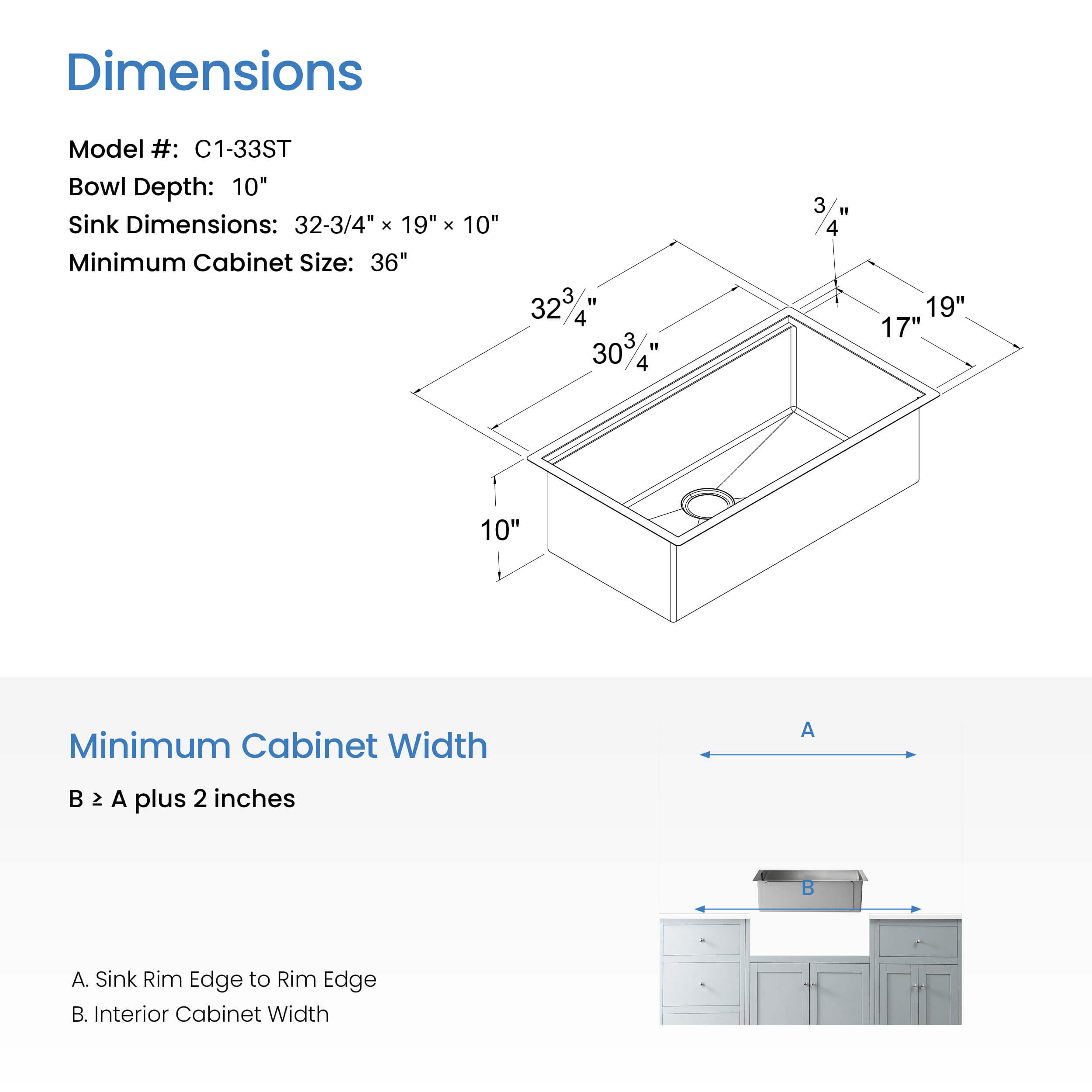 33" Undermount Single Bowl Stainless Steel Workstation Sink - C1-33ST