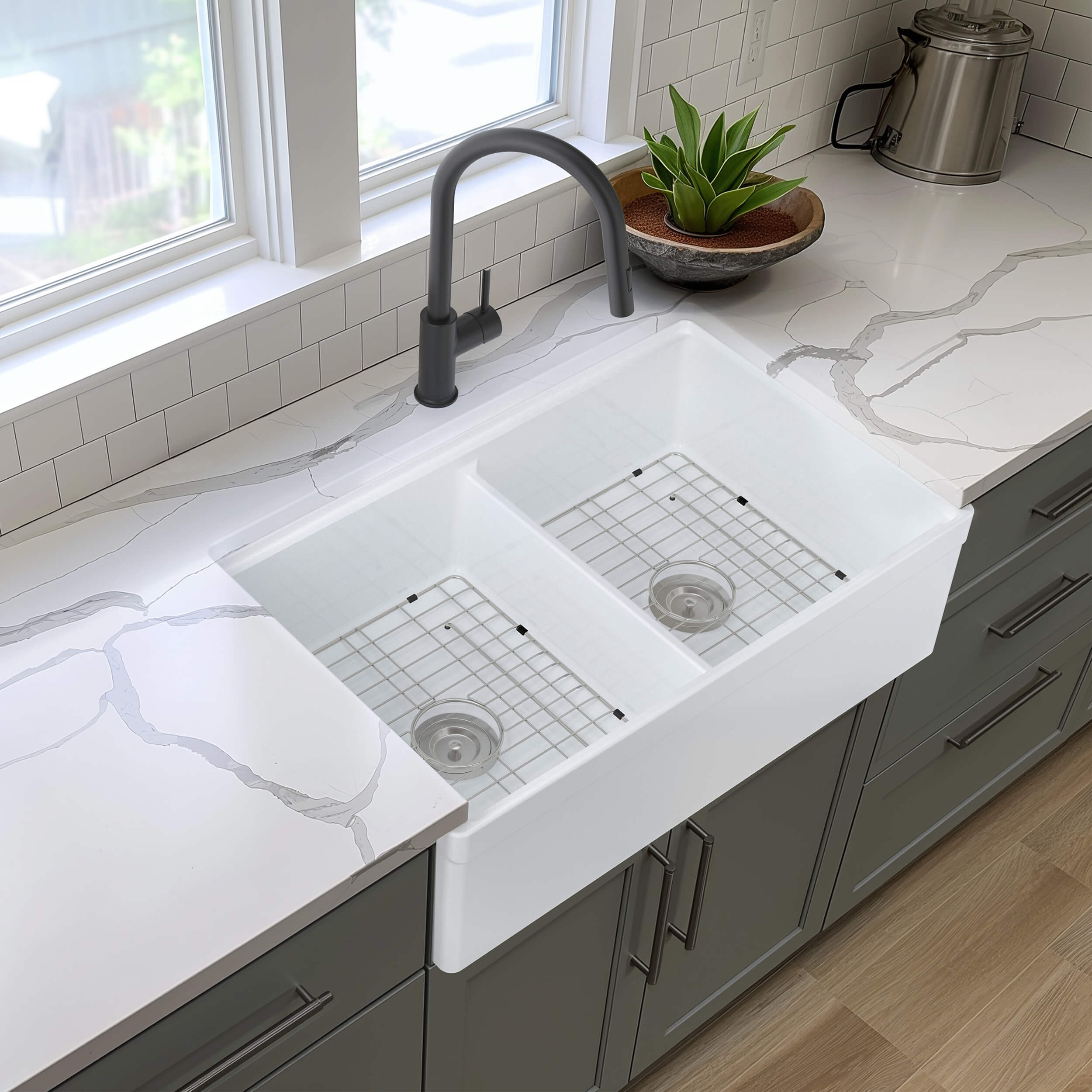 33" Fireclay Double Bowl Farmhouse Kitchen Workstation Sink - C2-33DFT