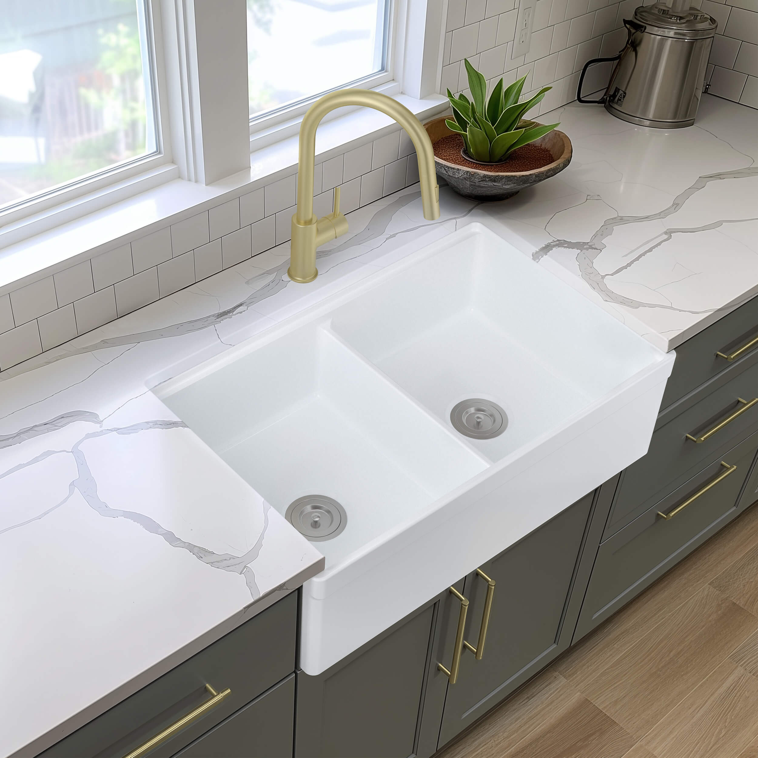 33" Fireclay Double Bowl Farmhouse Kitchen Workstation Sink - C2-33DFT