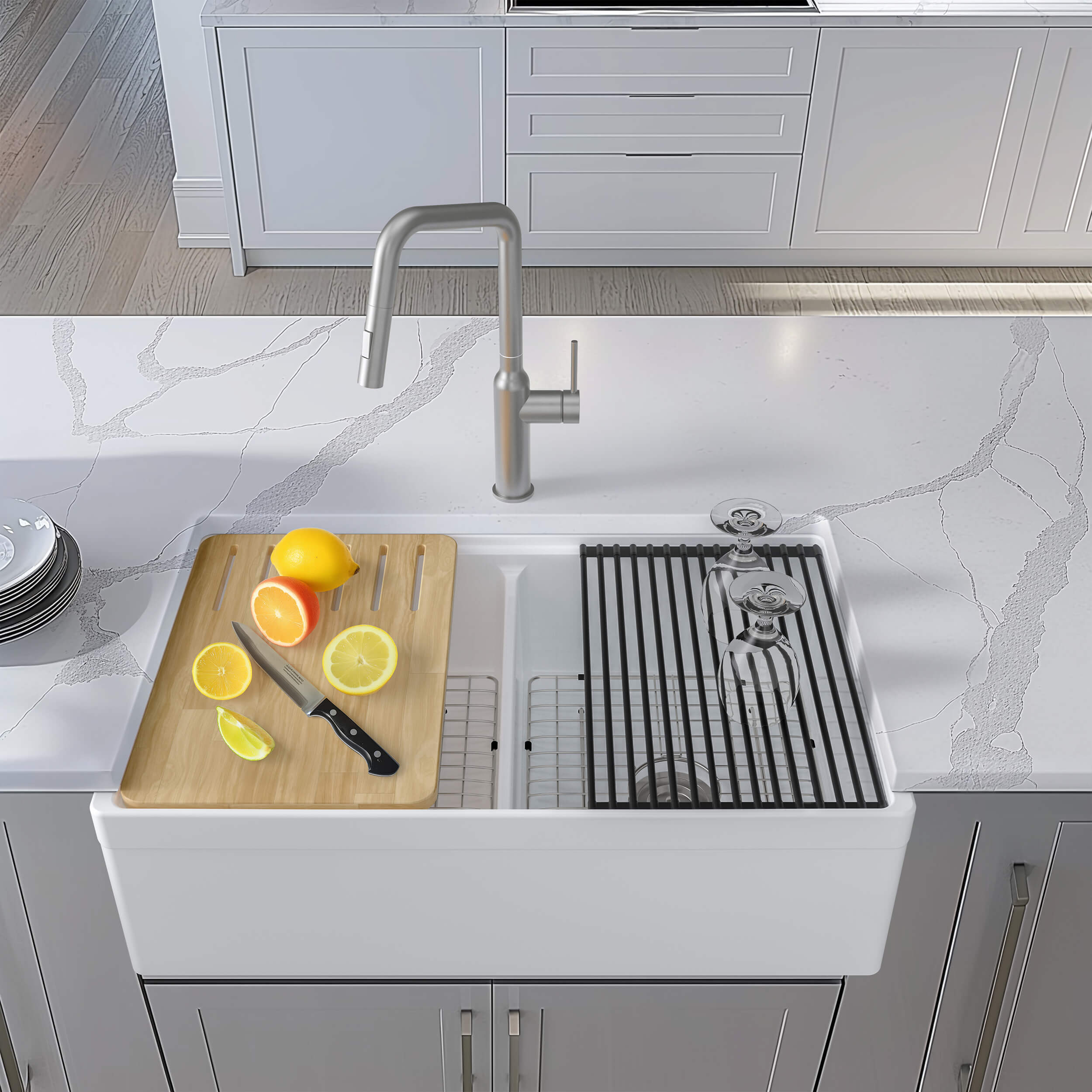 33" Fireclay Double Bowl Farmhouse Kitchen Workstation Sink - C2-33DFT