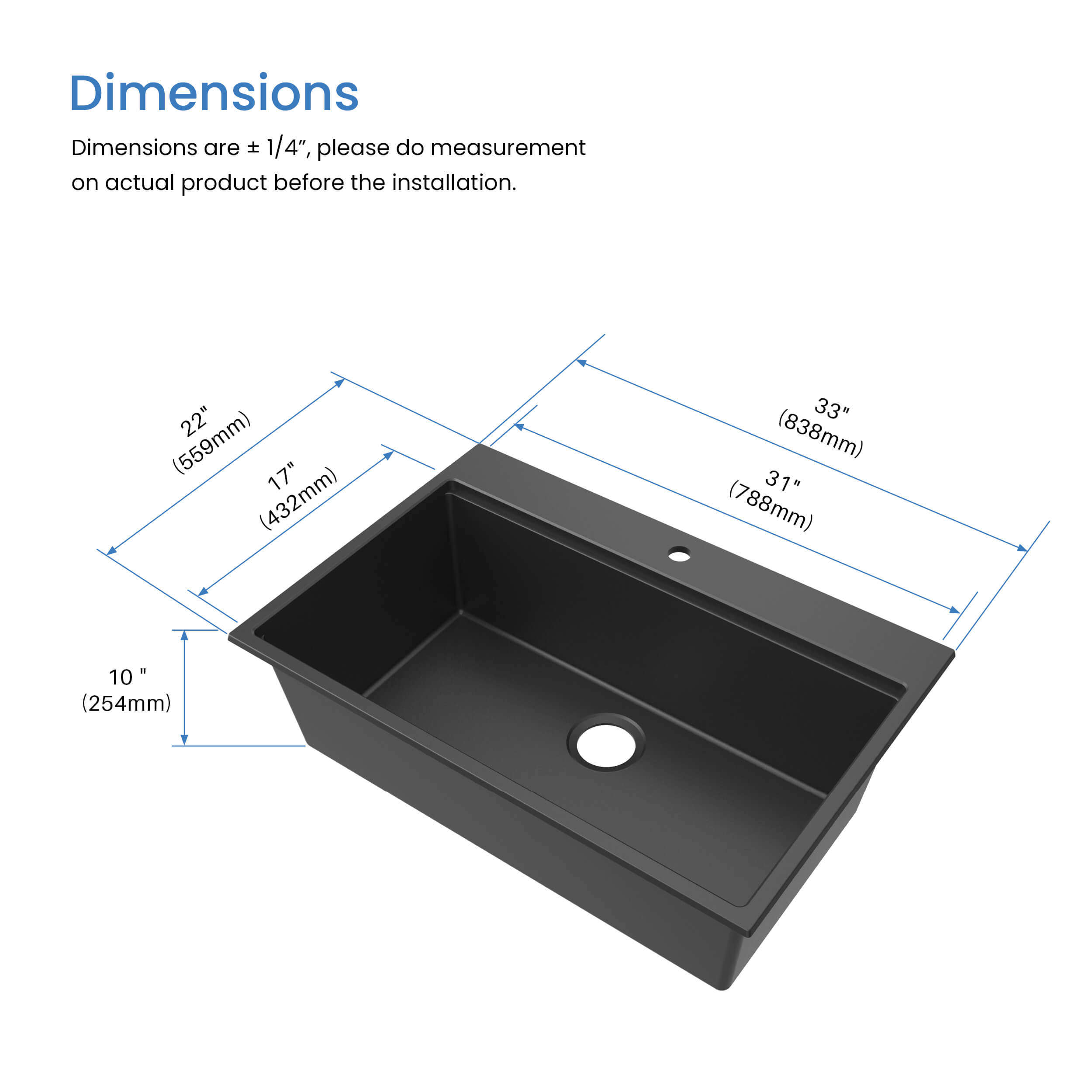33" Top-Mount Workstation Single Bowl Quartz Kitchen Sink - C4-33TST