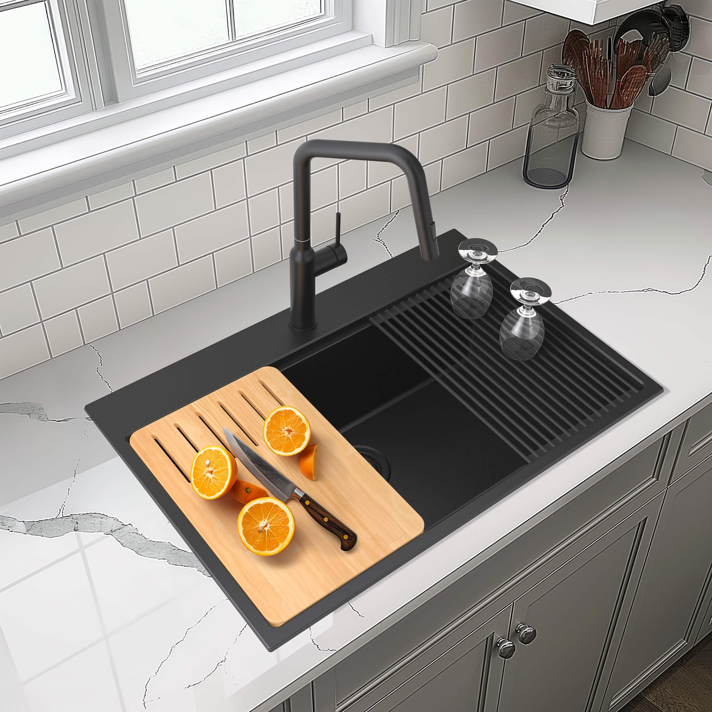 33" Top-Mount Workstation Single Bowl Quartz Kitchen Sink - C4-33TST