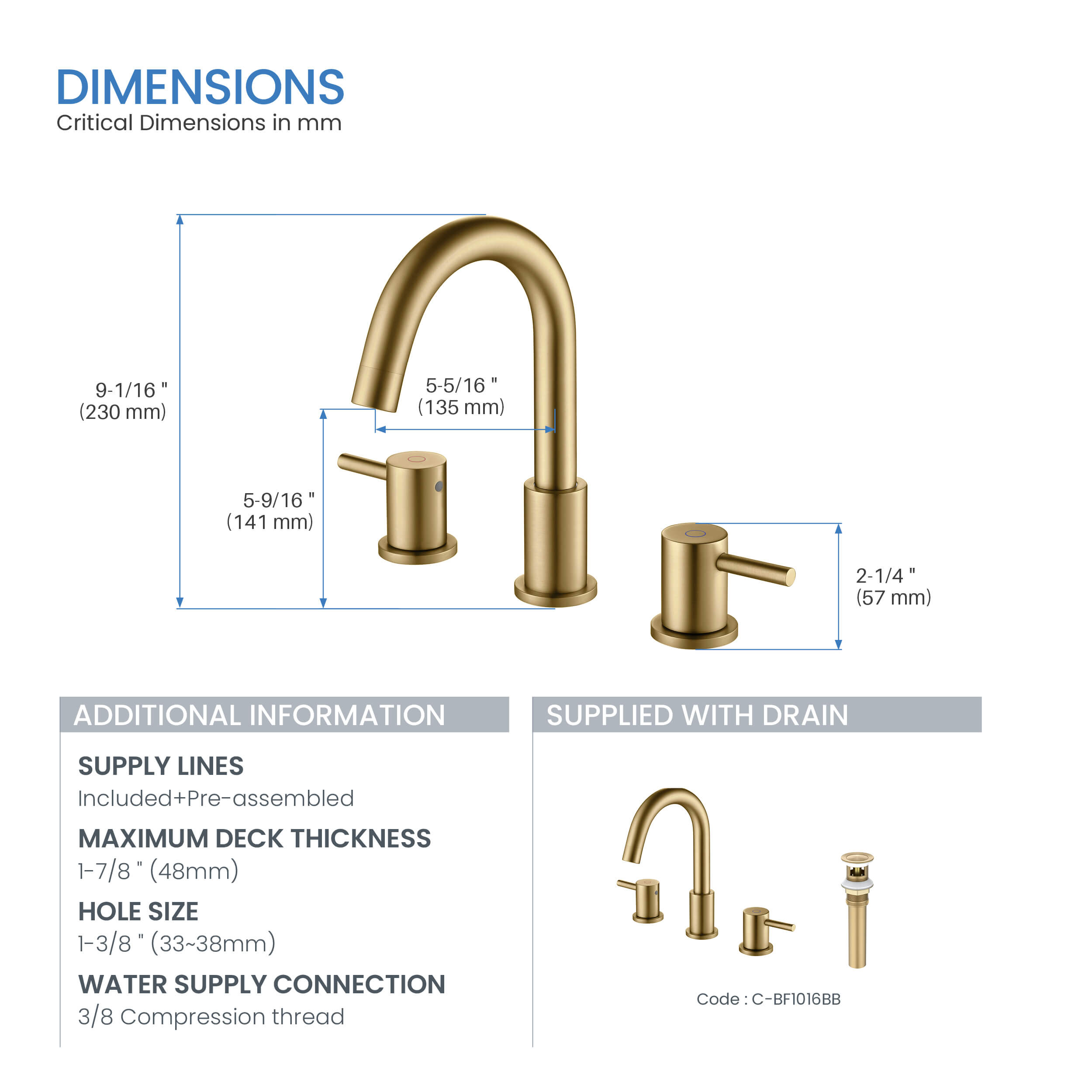 Halo 8" Widespread Bathroom Sink Faucet with Drain Assembly - CBF-1016