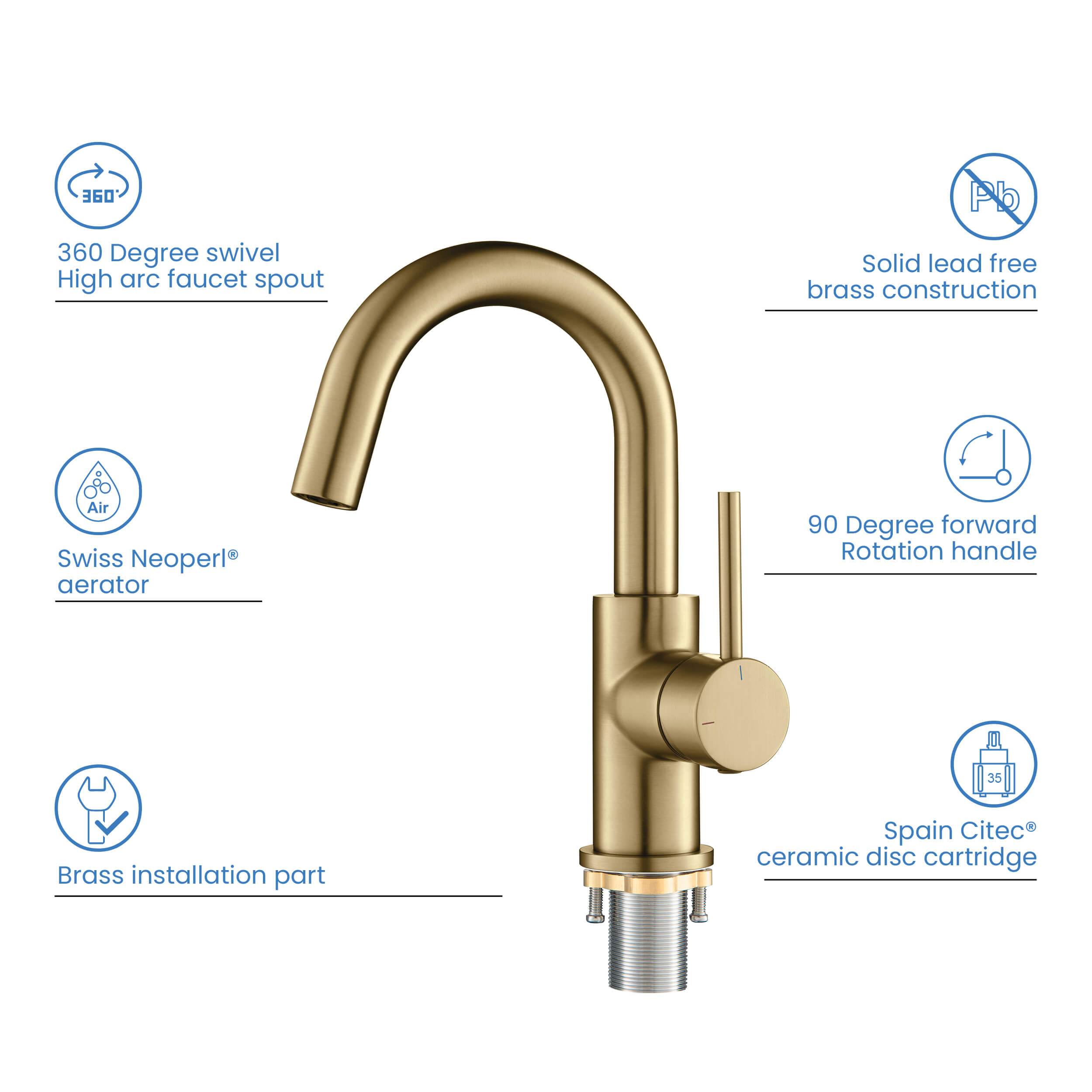 Halo High-Arc Single Handle Bathroom Vanity Sink Faucet with Pop Up Drain - CBF-1021