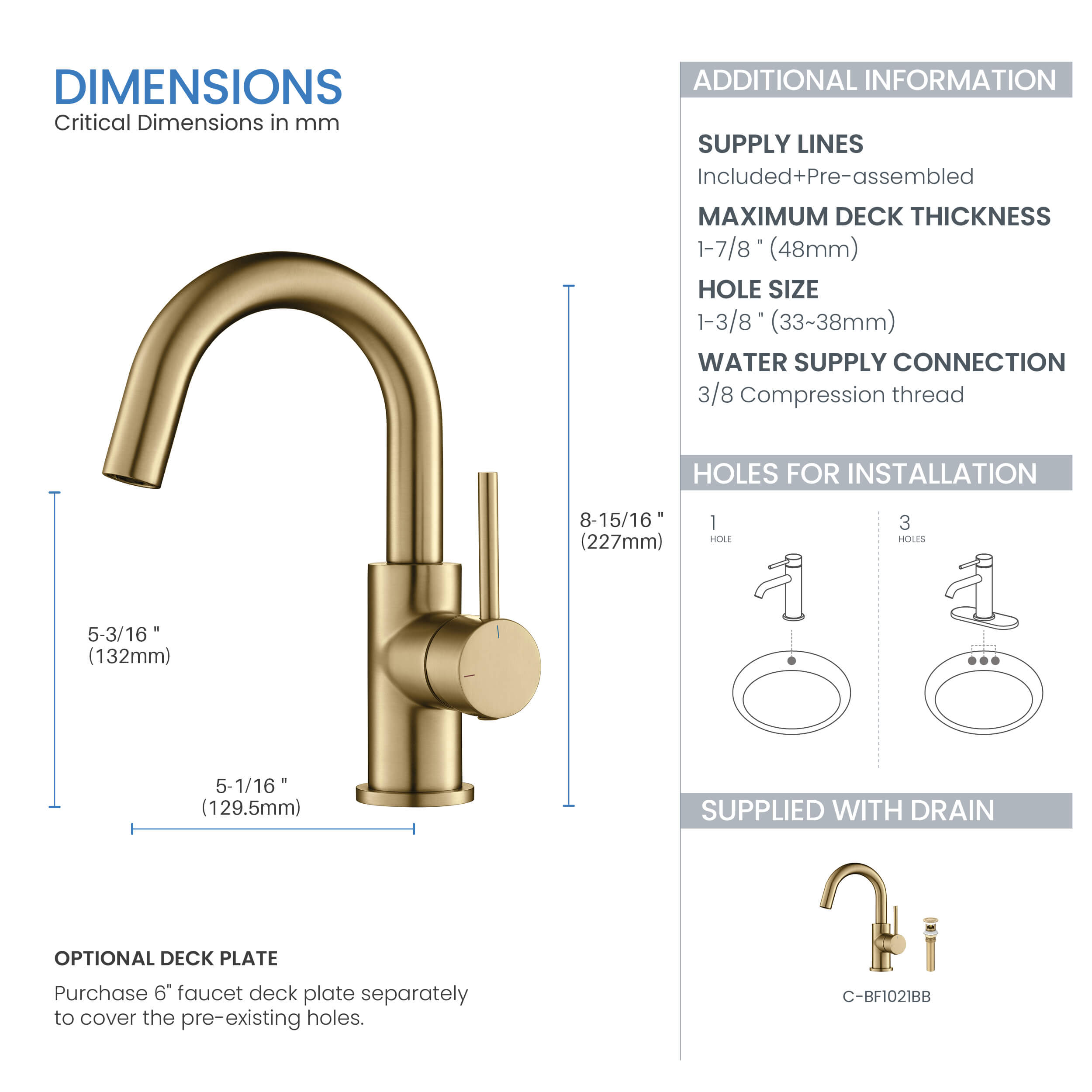 Halo High-Arc Single Handle Bathroom Vanity Sink Faucet with Pop Up Drain - CBF-1021