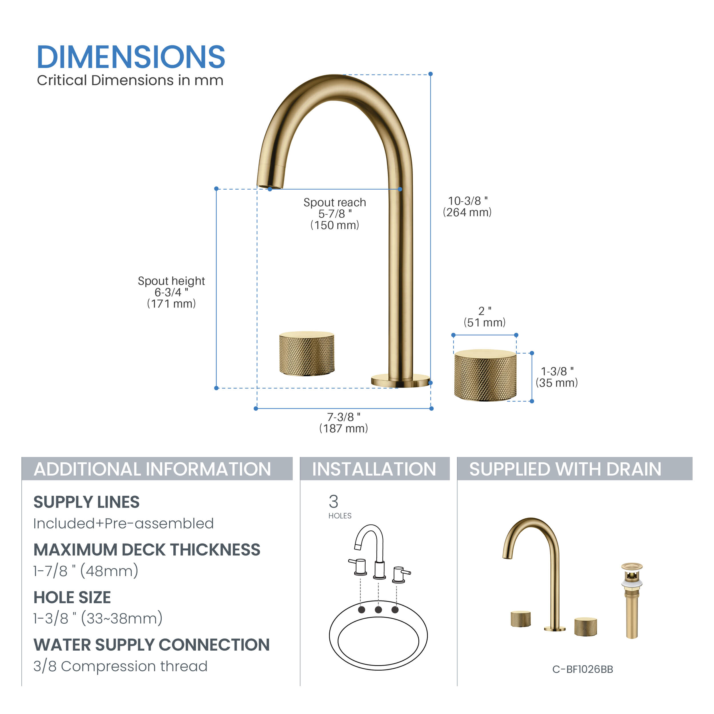 Verona 8" Widespread Bathroom Sink Faucet with Drain Assembly - CBF-1026