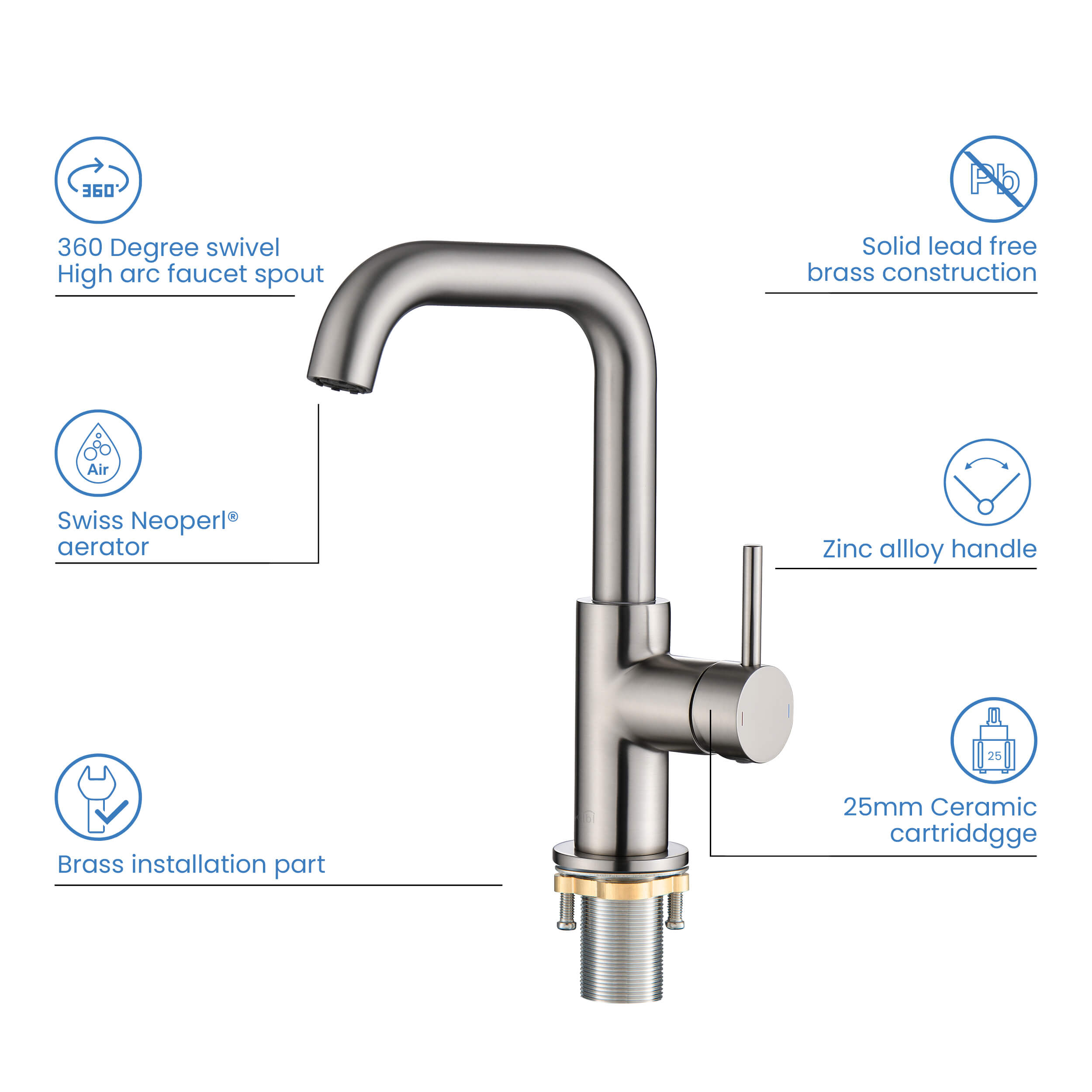 Tampa Single Handle High-Arc Bathroom Vanity Sink Faucet - CBF-1028