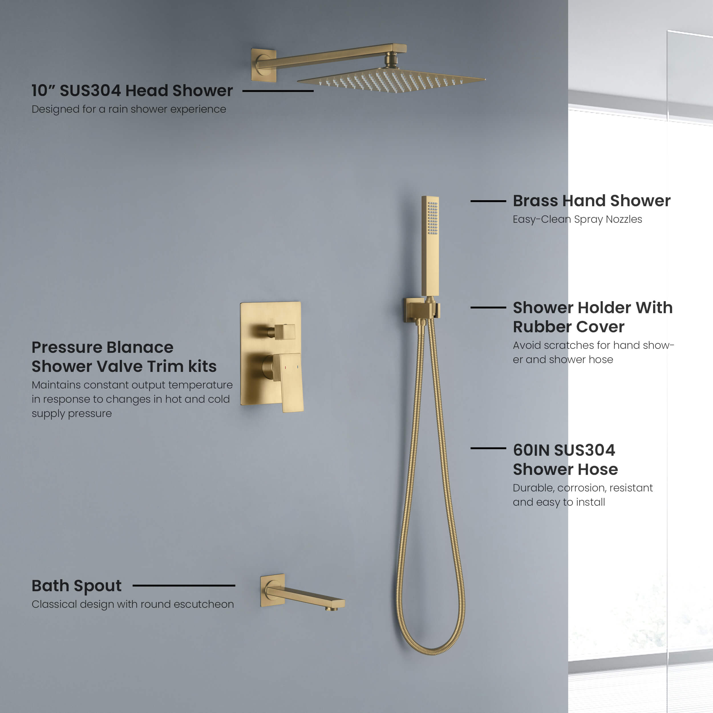 Quadra Pressure Balanced 3-Function Wall Mount Shower System with Rough-In Valve - CSF-4006