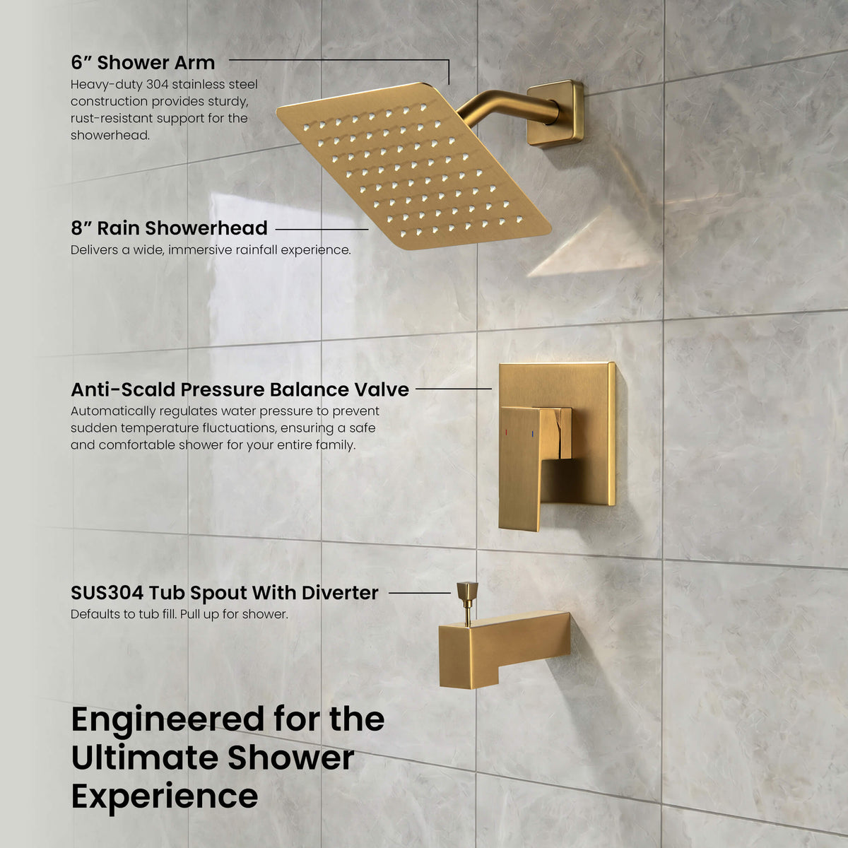 Quadra Single Function Pressure Balanced Complete Shower Faucet Set with Tub Spout - CSF-4018
