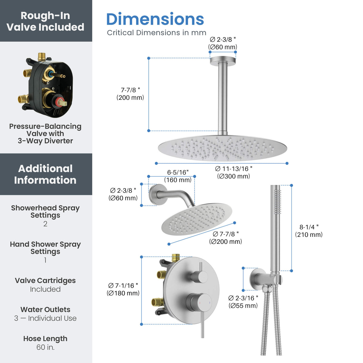 Halo 3-Function Pressure Balanced Complete Shower Faucet Set with Wall Mount, Ceiling Mount, and Handheld Shower Heads - CSF-4021