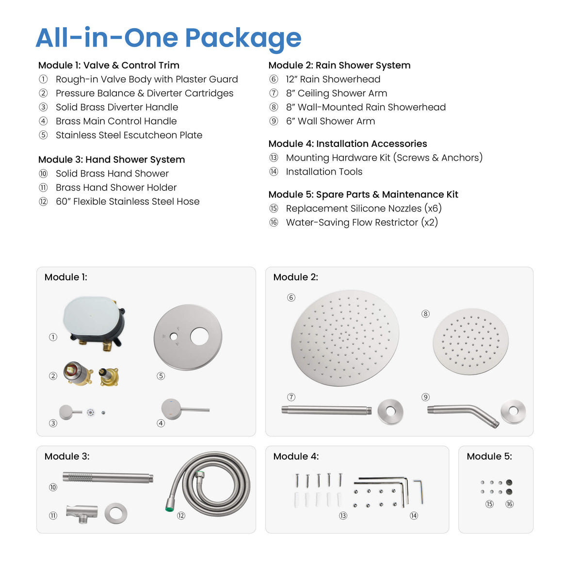 Halo 3-Function Pressure Balanced Complete Shower Faucet Set with Wall Mount, Ceiling Mount, and Handheld Shower Heads - CSF-4021