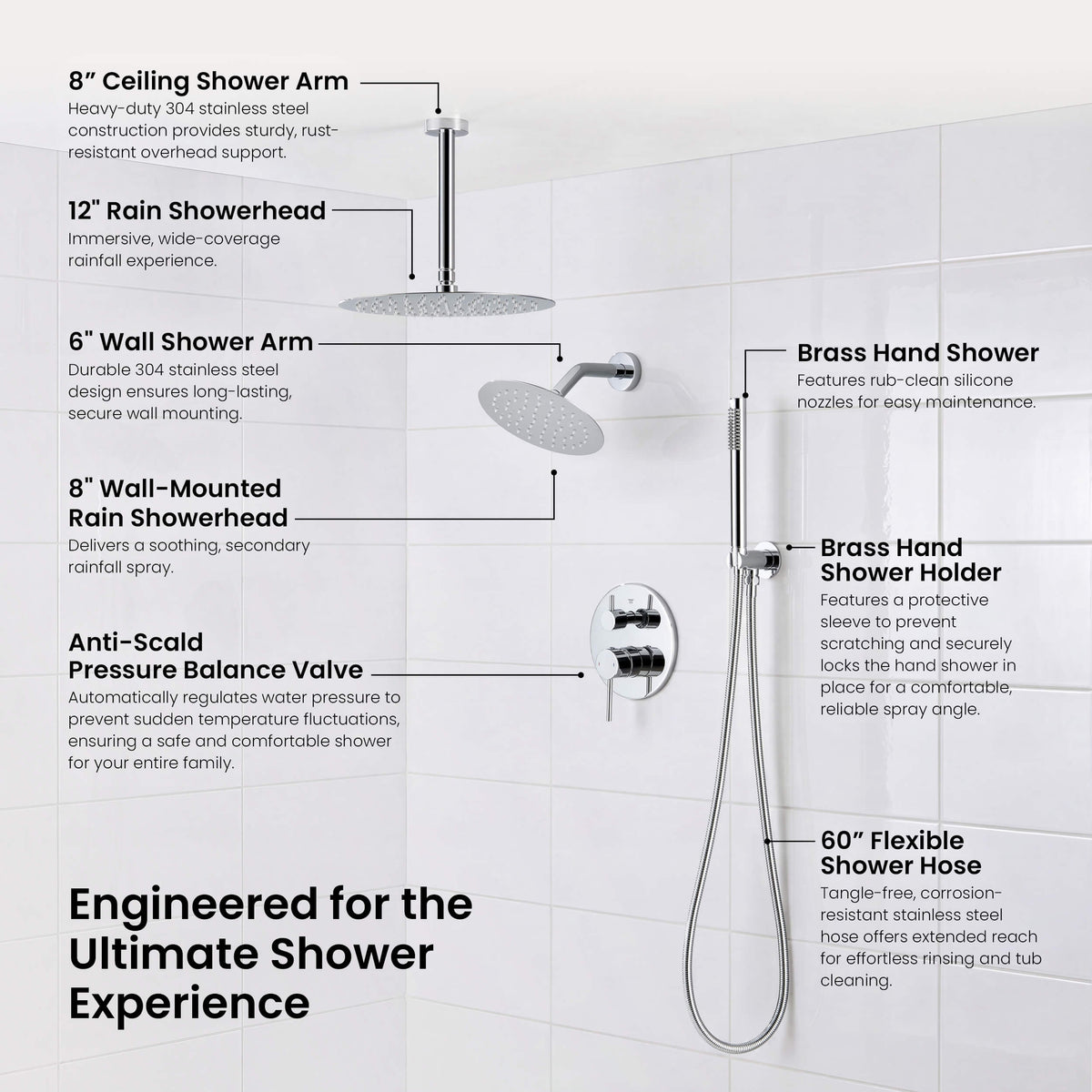 Halo 3-Function Pressure Balanced Complete Shower Faucet Set with Wall Mount, Ceiling Mount, and Handheld Shower Heads - CSF-4021