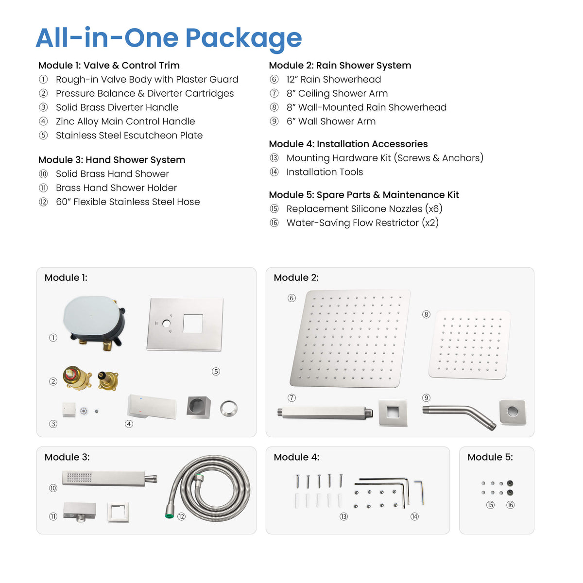 Quadra 3-Function Pressure Balanced Complete Shower Faucet Set with Wall Mount, Ceiling Mount, and Handheld Shower Heads - CSF-4022