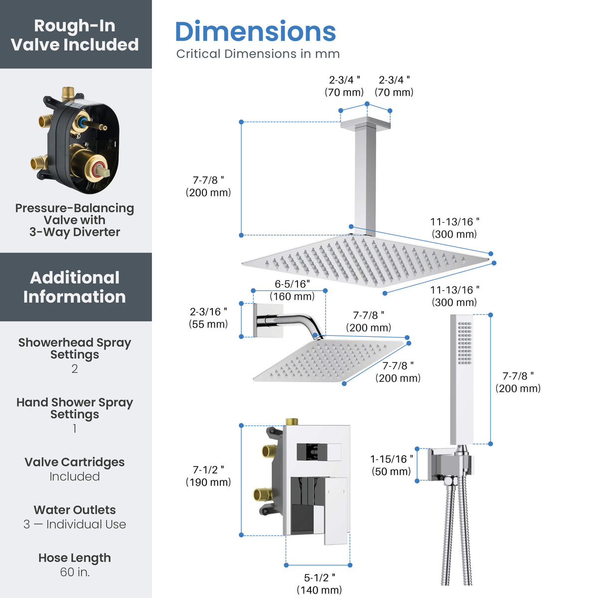 Quadra 3-Function Pressure Balanced Complete Shower Faucet Set with Wall Mount, Ceiling Mount, and Handheld Shower Heads - CSF-4022