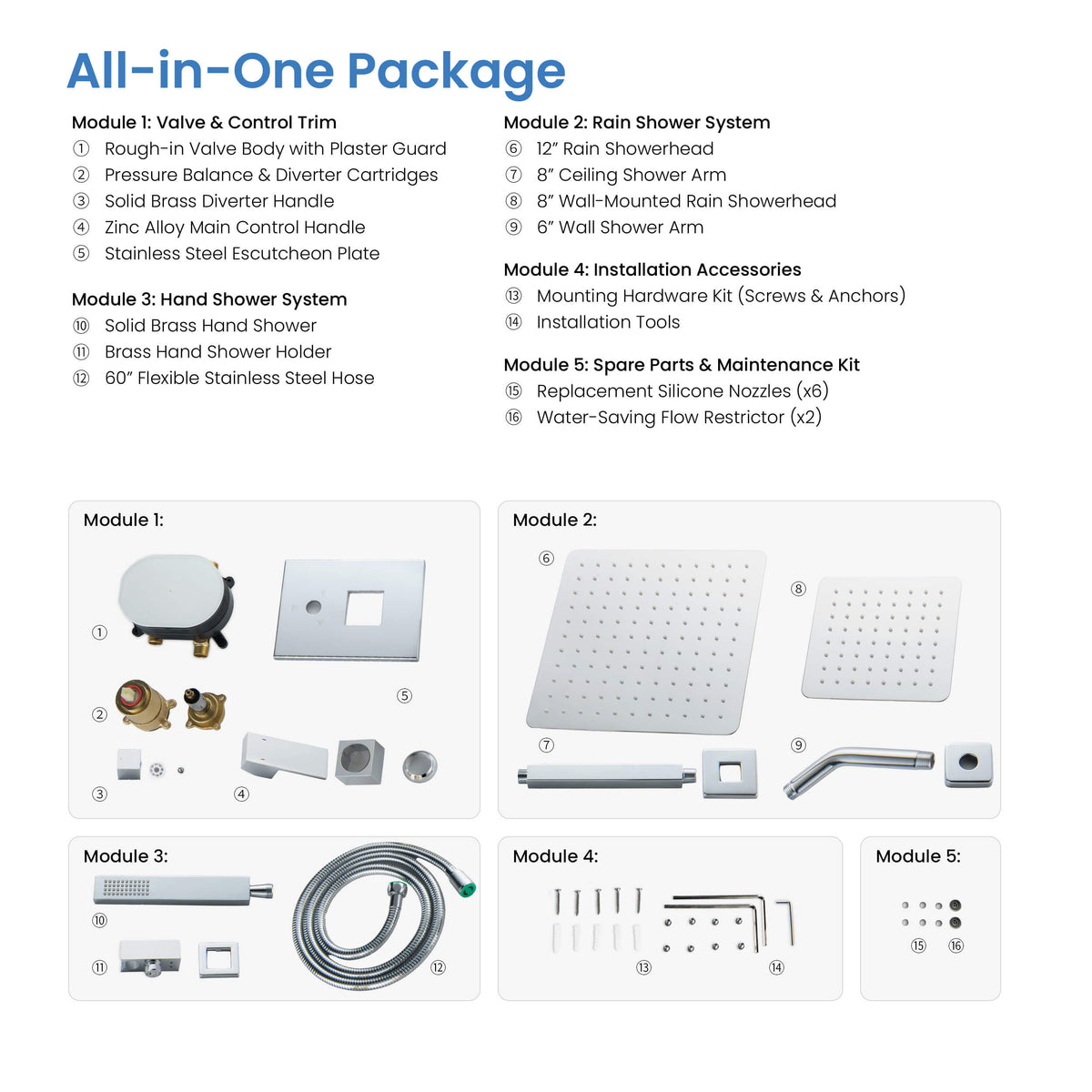 Quadra 3-Function Pressure Balanced Complete Shower Faucet Set with Wall Mount, Ceiling Mount, and Handheld Shower Heads - CSF-4022