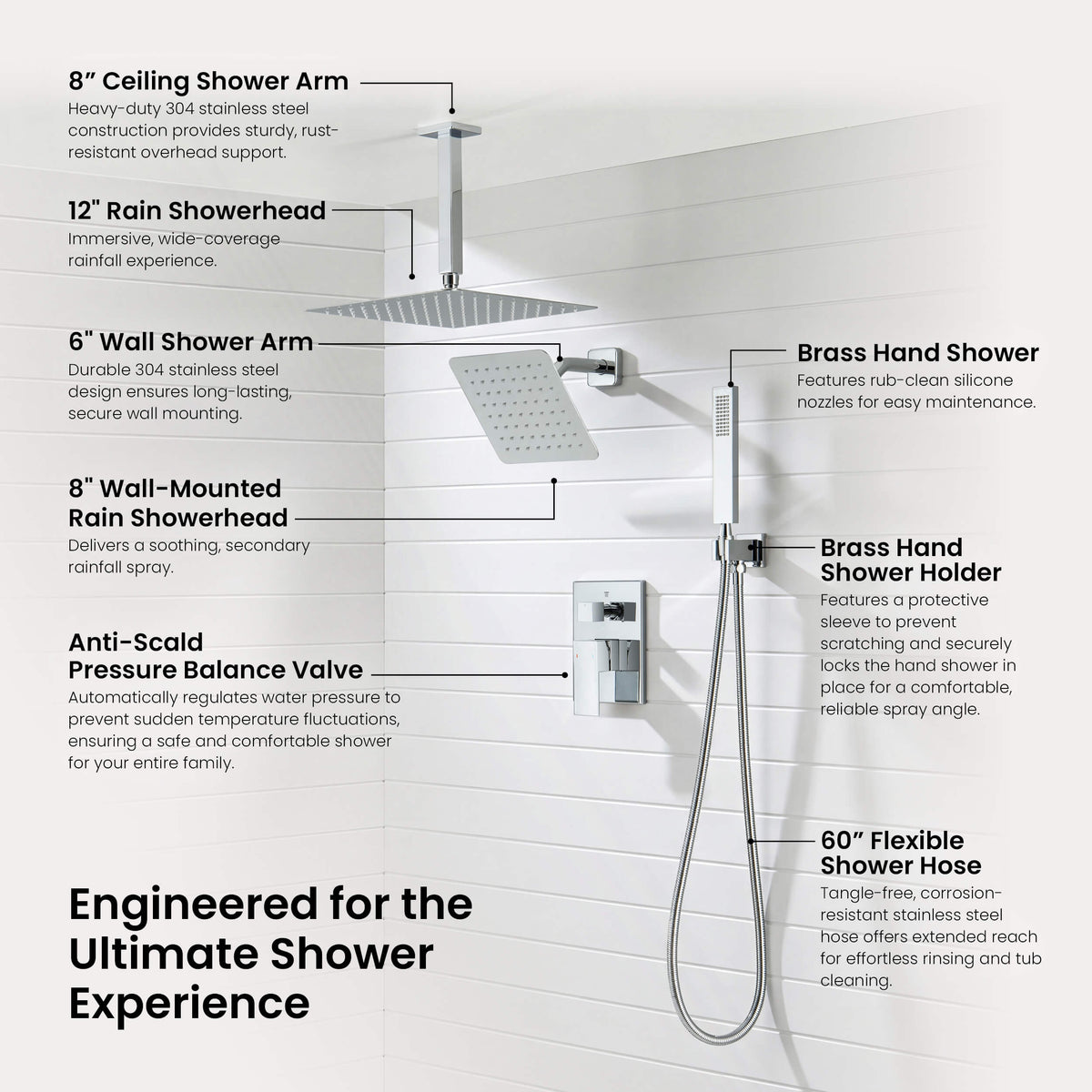 Quadra 3-Function Pressure Balanced Complete Shower Faucet Set with Wall Mount, Ceiling Mount, and Handheld Shower Heads - CSF-4022