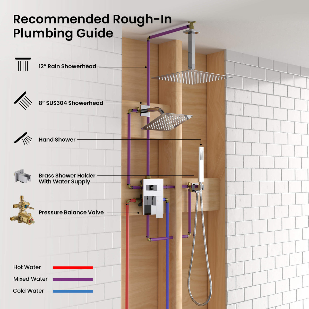 Quadra 3-Function Pressure Balanced Complete Shower Faucet Set with Wall Mount, Ceiling Mount, and Handheld Shower Heads - CSF-4022