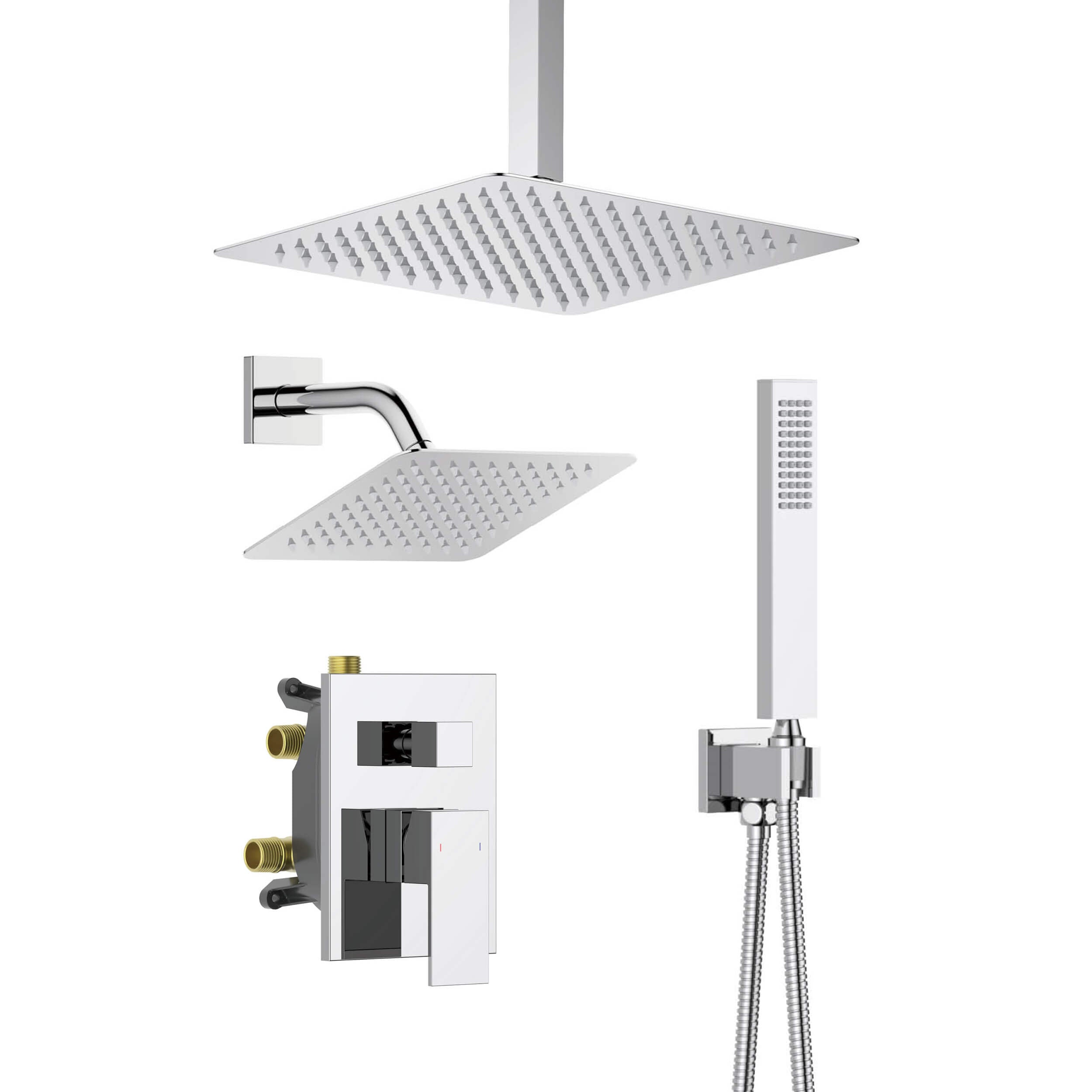 Quadra 3-Function Pressure Balanced Complete Shower Faucet Set with Wall Mount, Ceiling Mount, and Handheld Shower Heads - CSF-4022