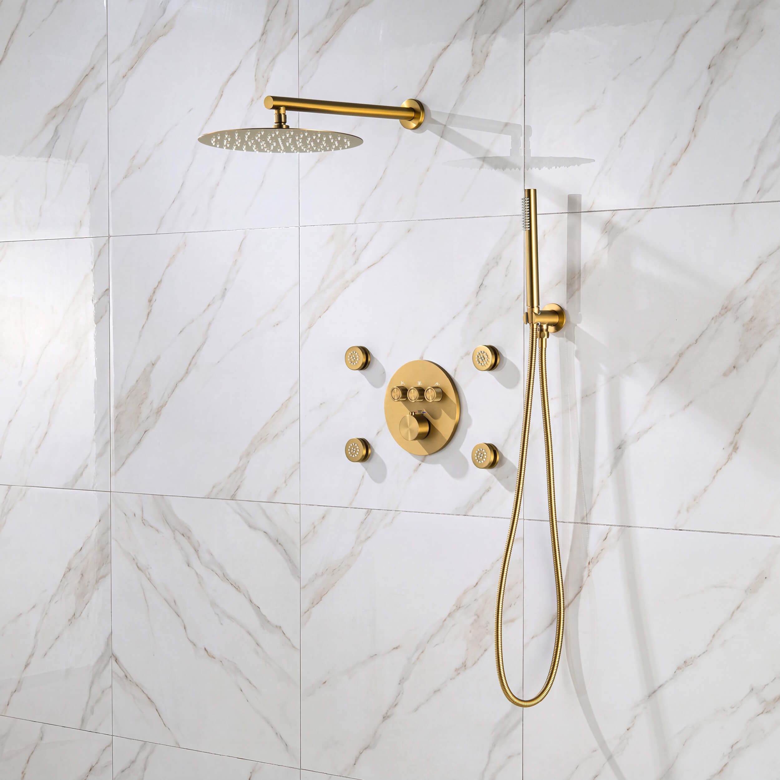 Halo 3-Function Thermostatic Complete Shower Faucet Set with Wall-Mount Rainshower, Handheld Shower, and Body Jets - CSF-4025