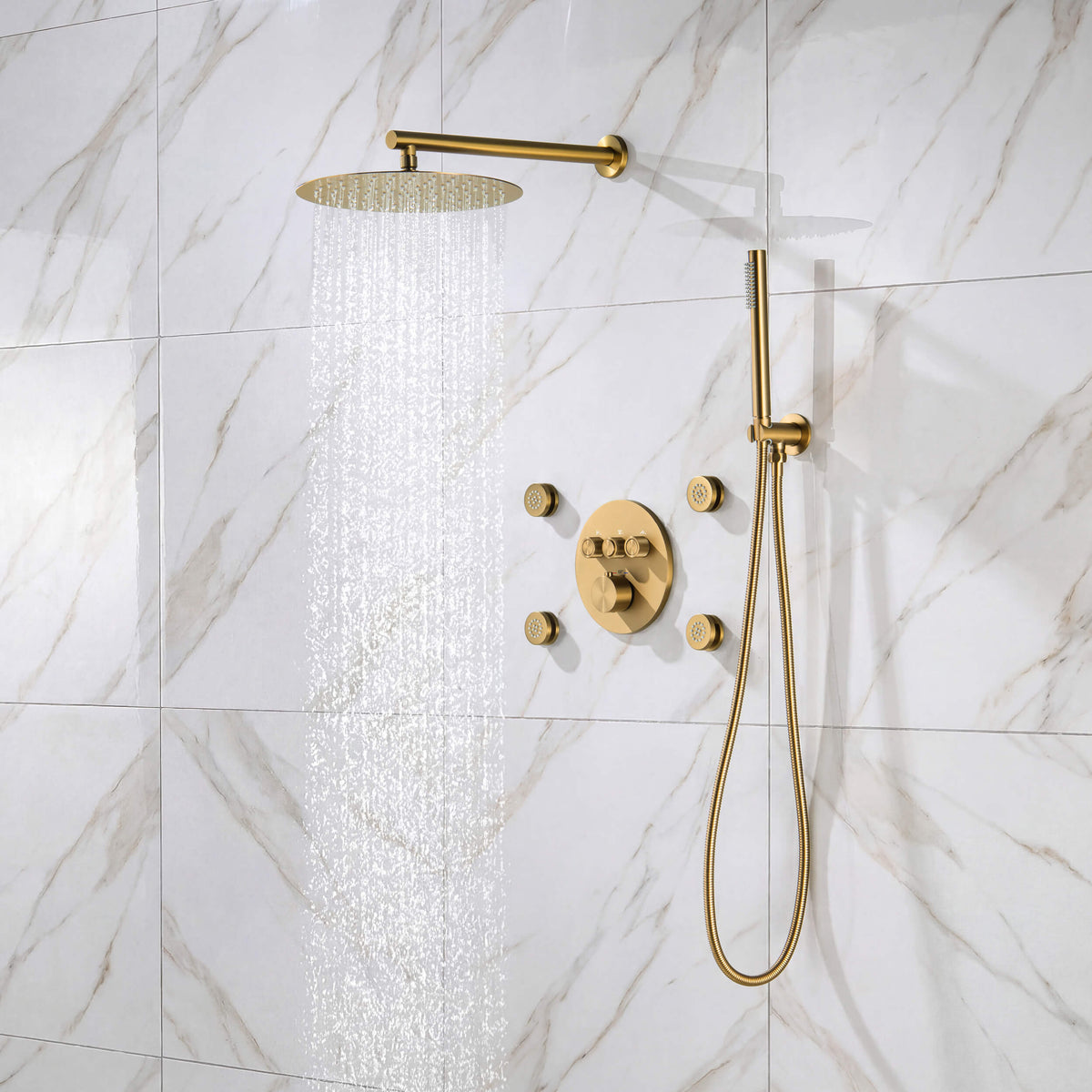 Halo 3-Function Thermostatic Complete Shower Faucet Set with Wall-Mount Rainshower, Handheld Shower, and Body Jets - CSF-4025