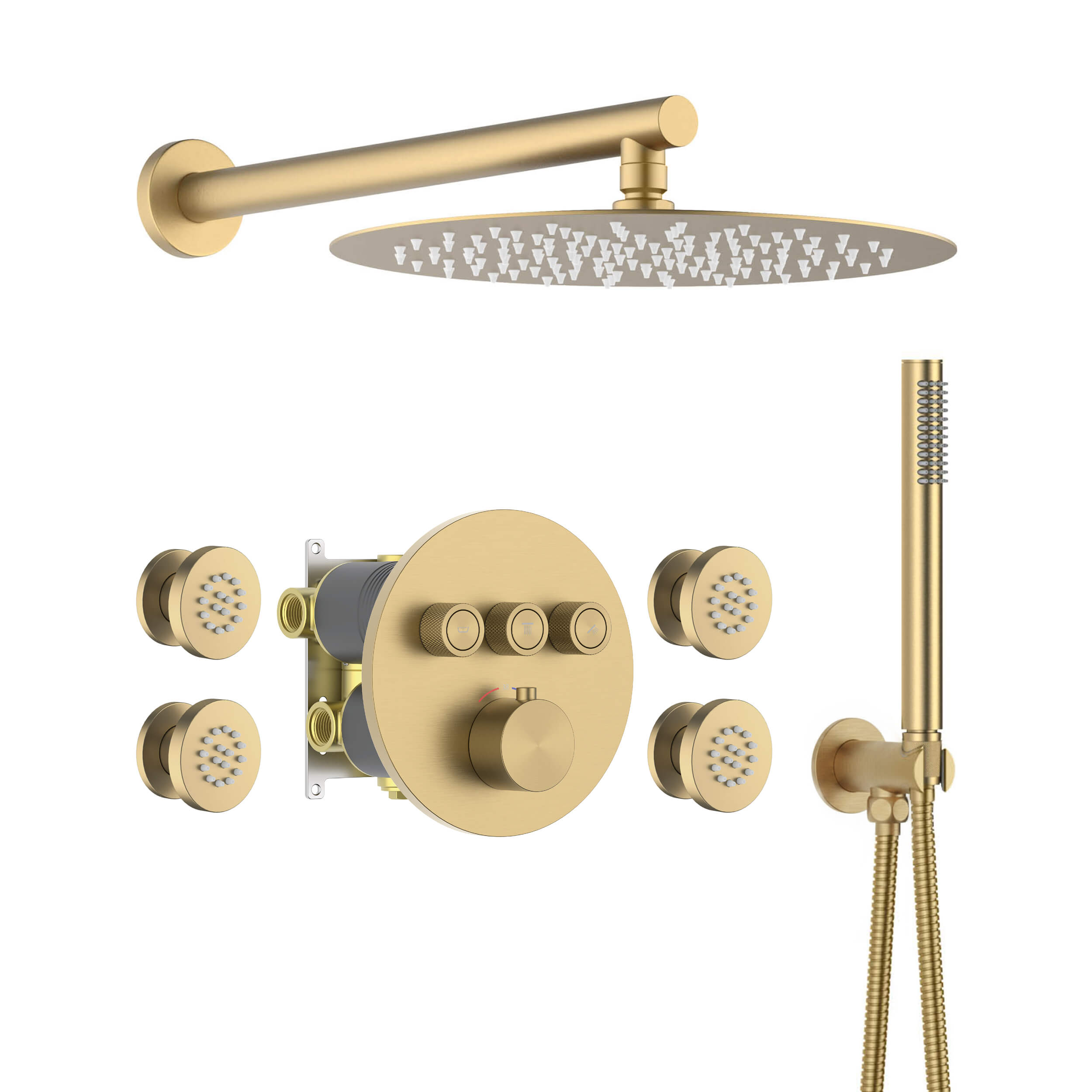 Halo 3-Function Thermostatic Complete Shower Faucet Set with Wall-Mount Rainshower, Handheld Shower, and Body Jets - CSF-4025