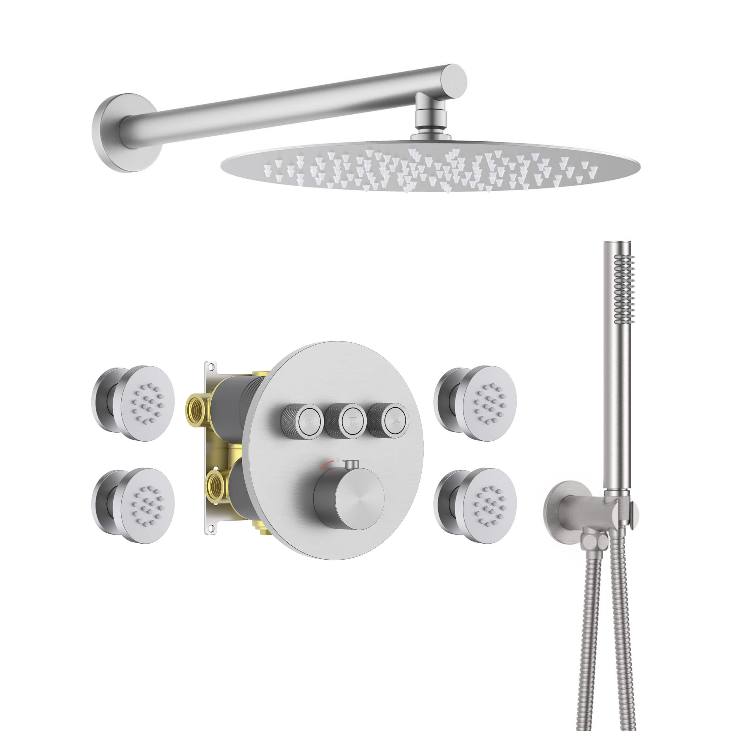 Halo 3-Function Thermostatic Complete Shower Faucet Set with Wall-Mount Rainshower, Handheld Shower, and Body Jets - CSF-4025