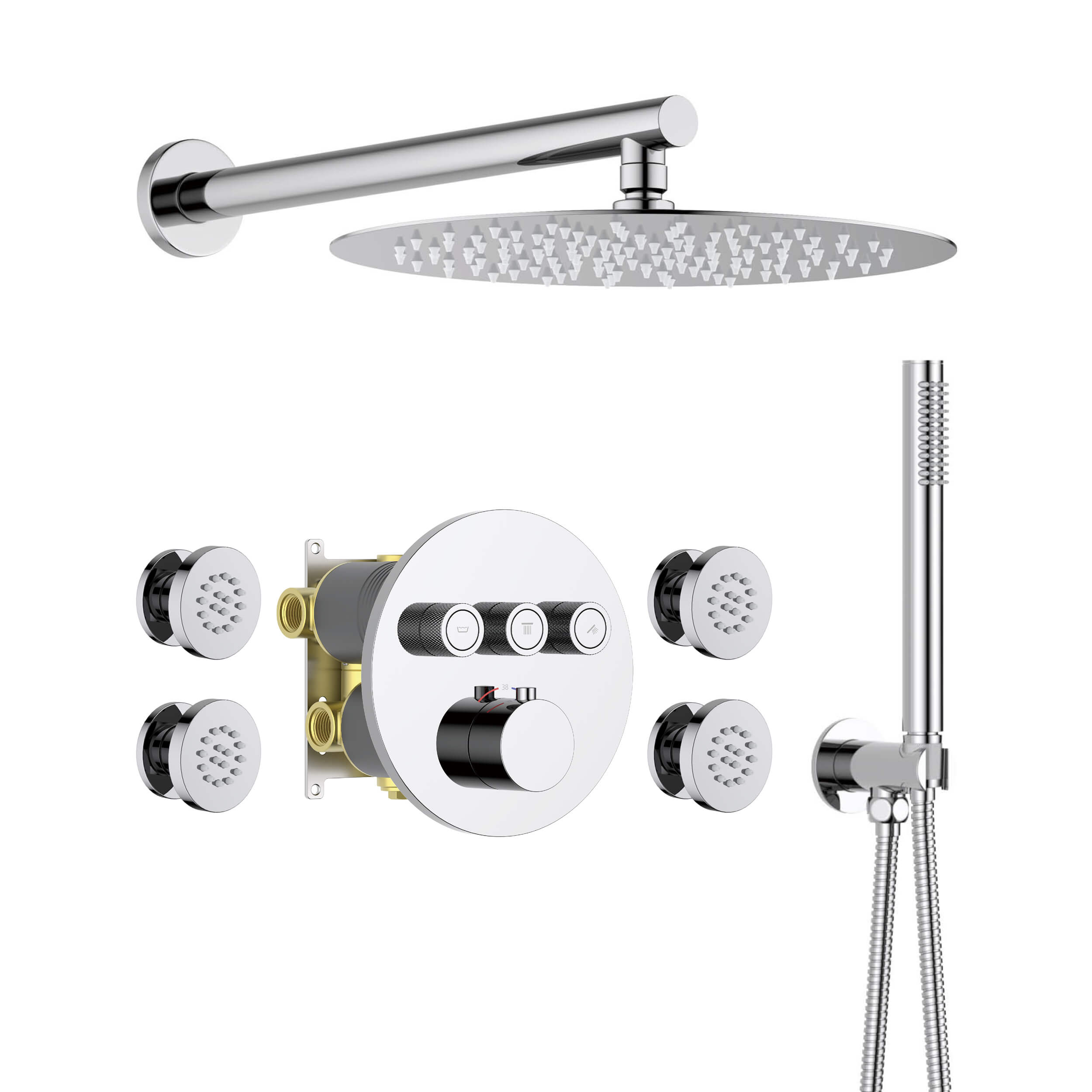 Halo 3-Function Thermostatic Complete Shower Faucet Set with Wall-Mount Rainshower, Handheld Shower, and Body Jets - CSF-4025