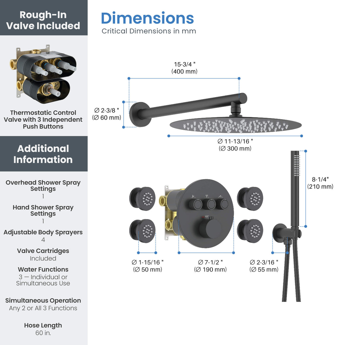 Halo 3-Function Thermostatic Complete Shower Faucet Set with Wall-Mount Rainshower, Handheld Shower, and Body Jets - CSF-4025