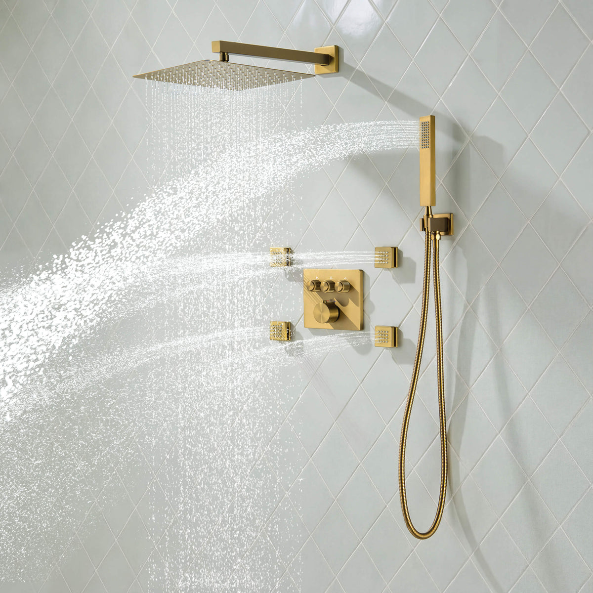 Quadra 3-Function Thermostatic Complete Shower Faucet Set with Wall-Mount Rainshower, Handheld Shower, and Body Jets - CSF-4026