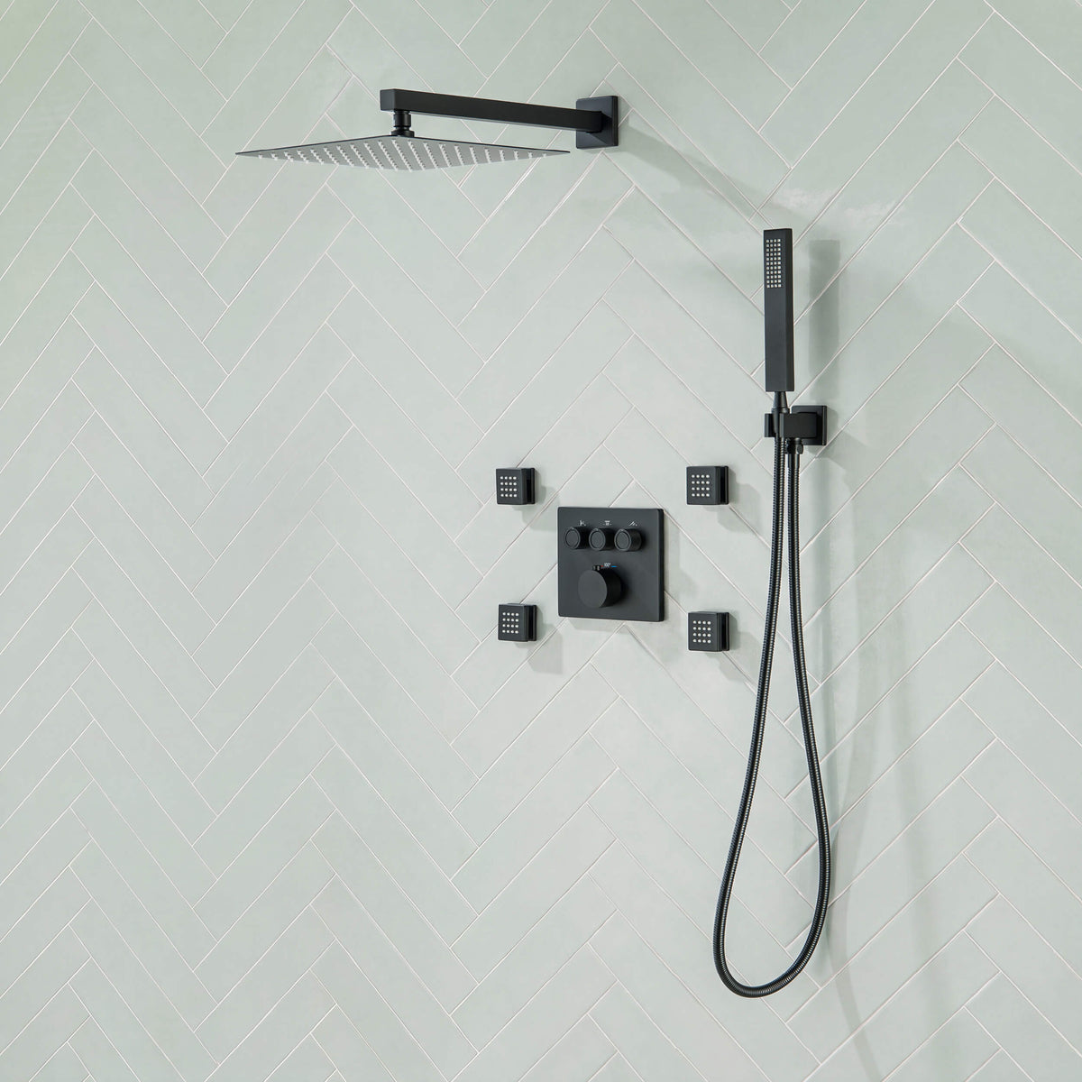 Quadra 3-Function Thermostatic Complete Shower Faucet Set with Wall-Mount Rainshower, Handheld Shower, and Body Jets - CSF-4026