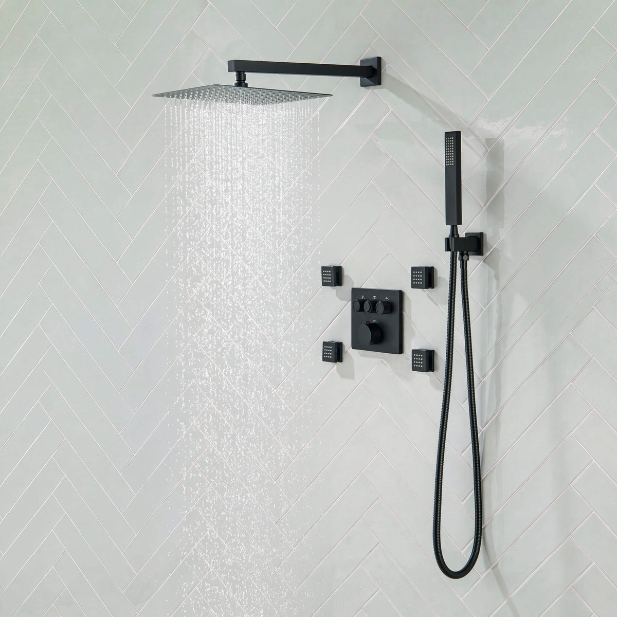 Quadra 3-Function Thermostatic Complete Shower Faucet Set with Wall-Mount Rainshower, Handheld Shower, and Body Jets - CSF-4026