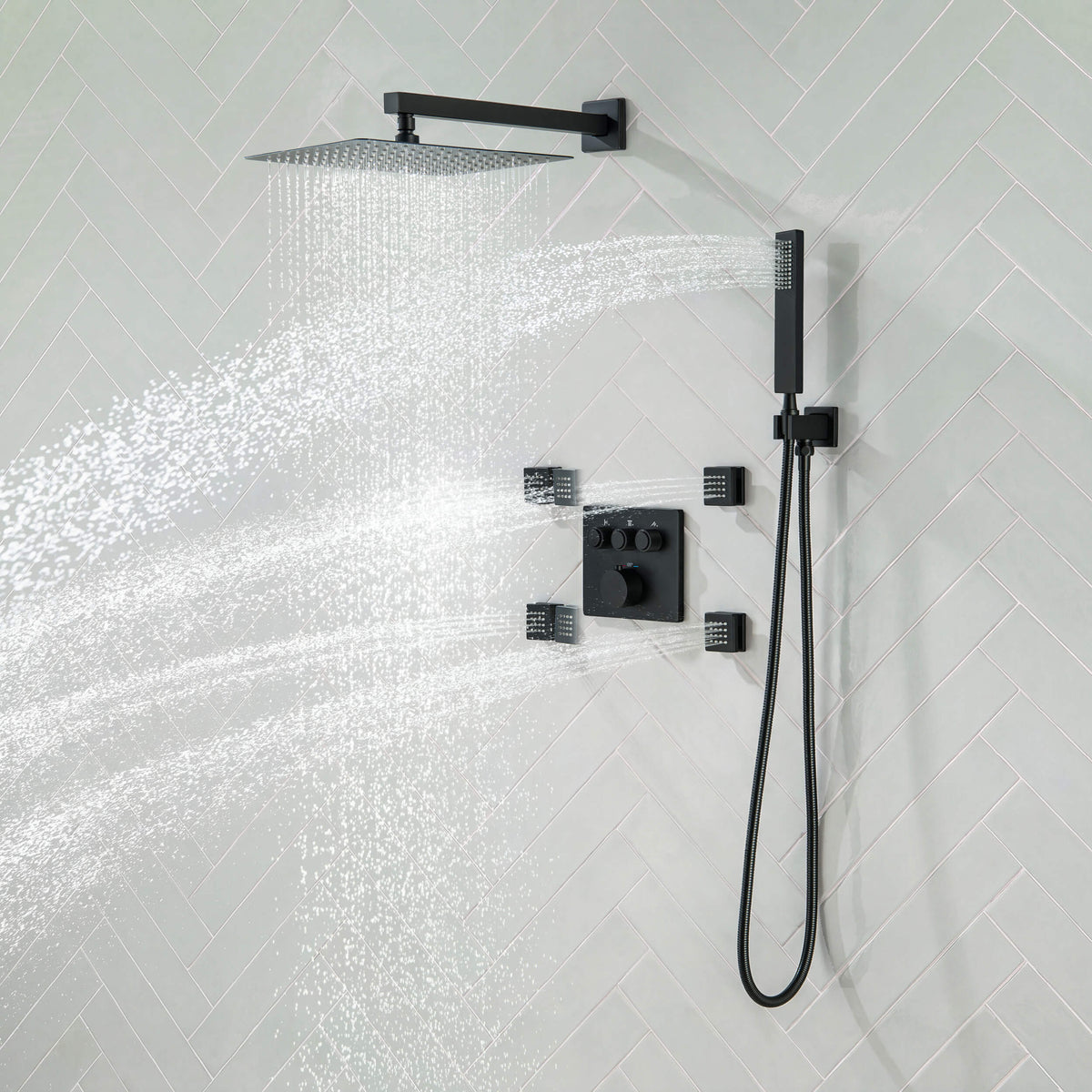 Quadra 3-Function Thermostatic Complete Shower Faucet Set with Wall-Mount Rainshower, Handheld Shower, and Body Jets - CSF-4026