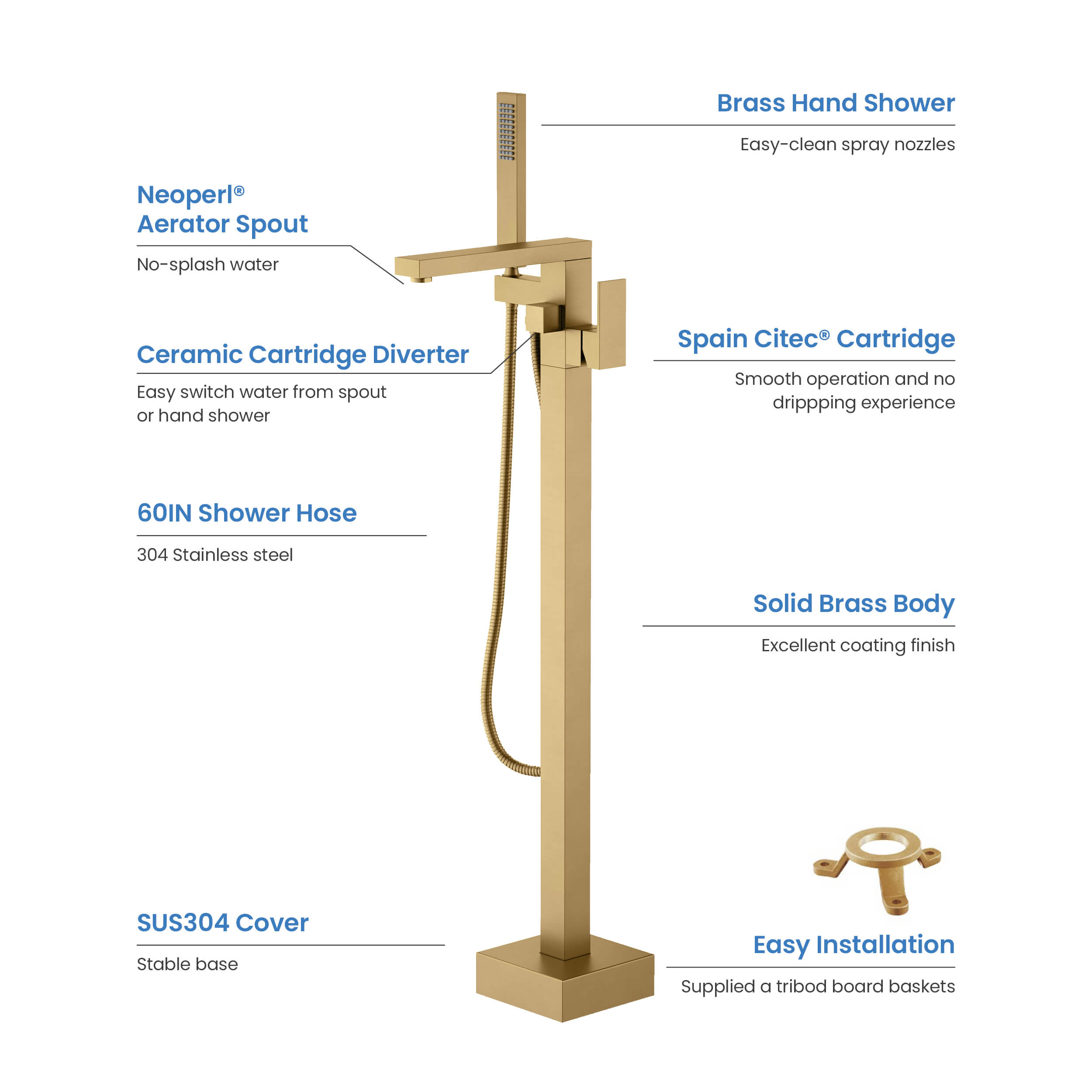 Quadra Floor Mount Tub Filler With Hand Shower - CTF-3002