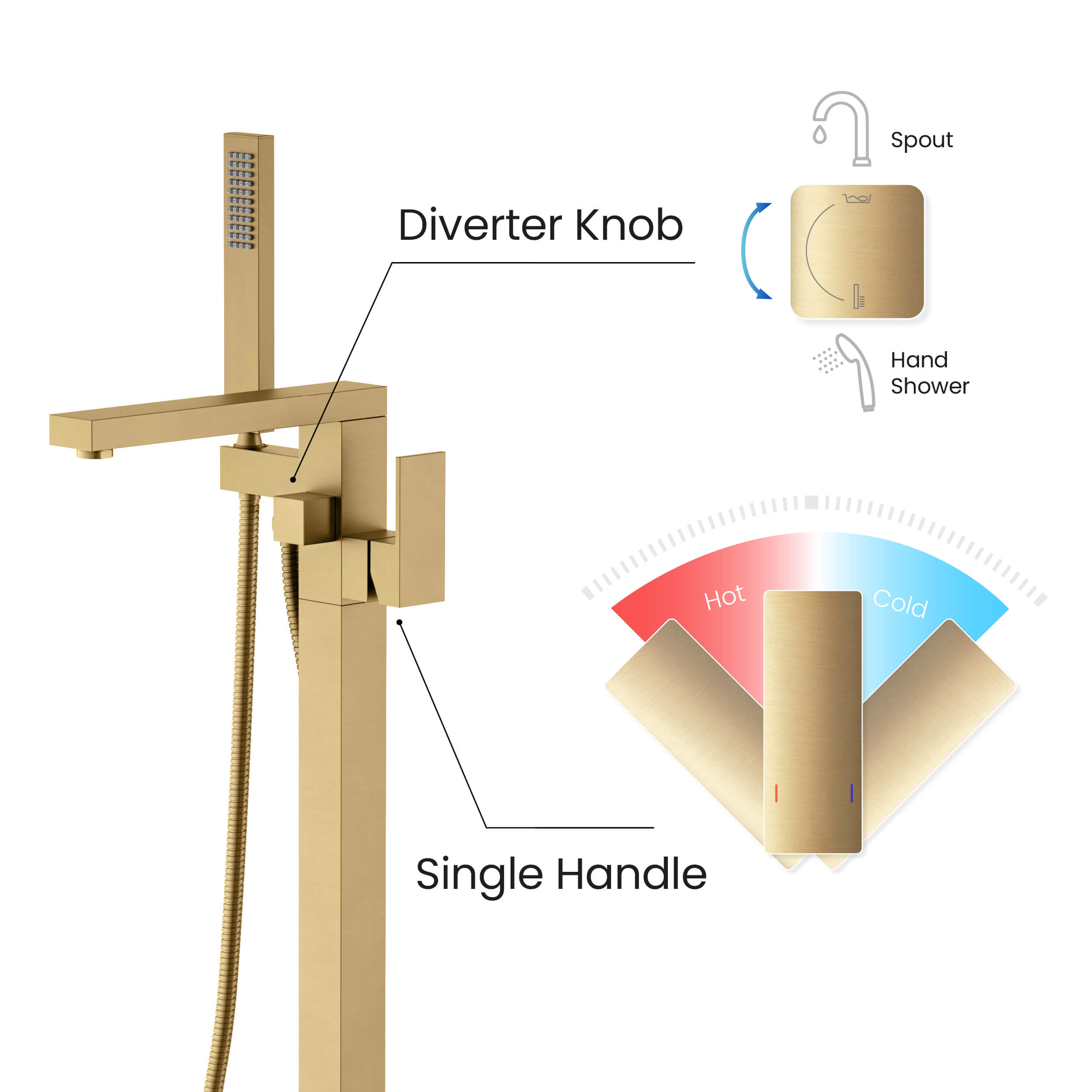 Quadra Floor Mount Tub Filler With Hand Shower - CTF-3002