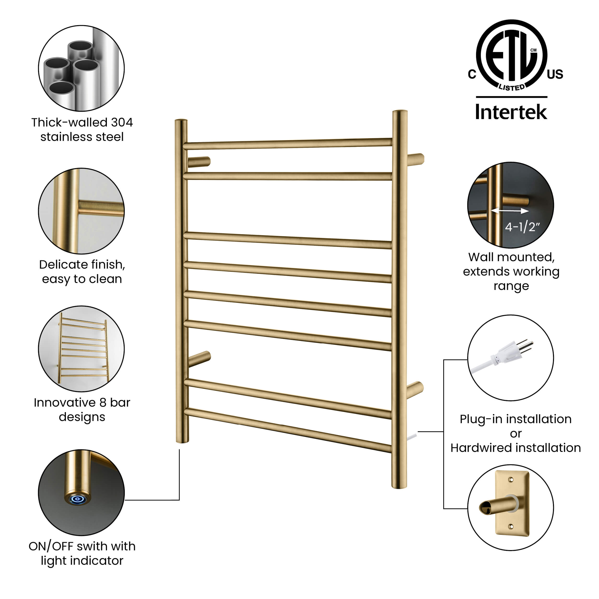 24"W x 30-1/4"H ETL Certified Hardwired/Plug-in Wall Mounted Stainless Steel Towel Warmer