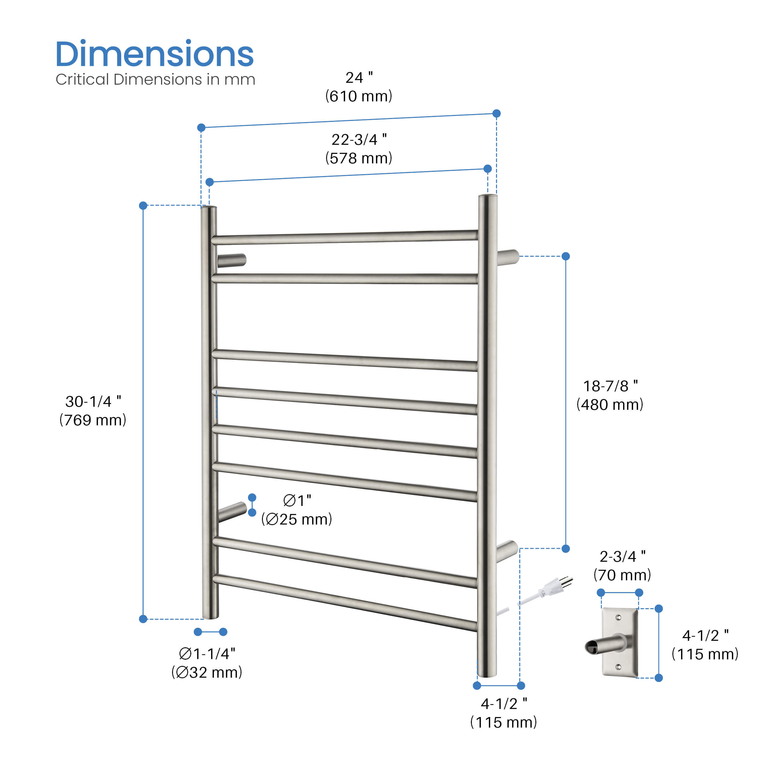 24"W x 30-1/4"H ETL Certified Hardwired/Plug-in Wall Mounted Stainless Steel Towel Warmer