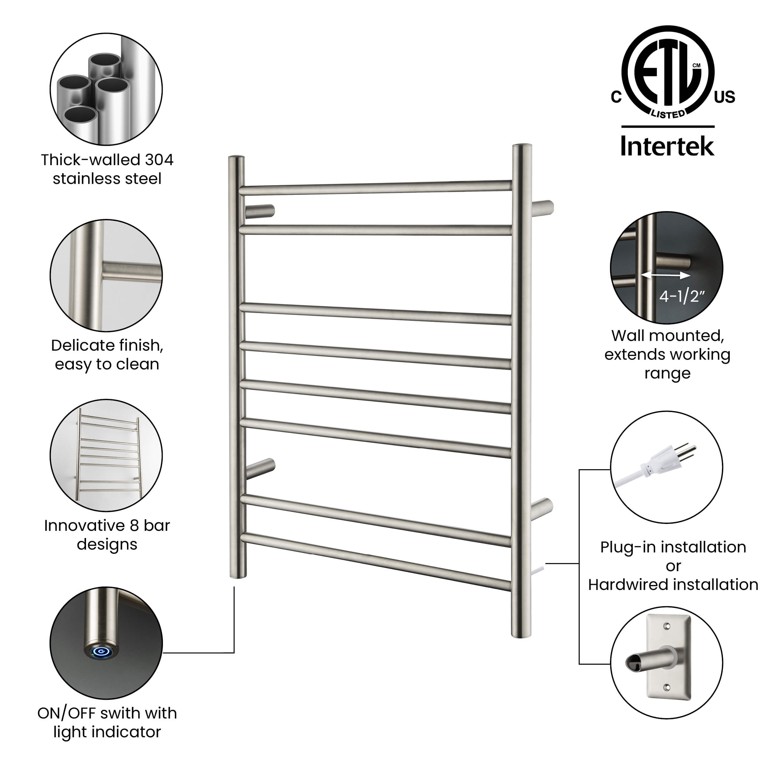 24"W x 30-1/4"H ETL Certified Hardwired/Plug-in Wall Mounted Stainless Steel Towel Warmer