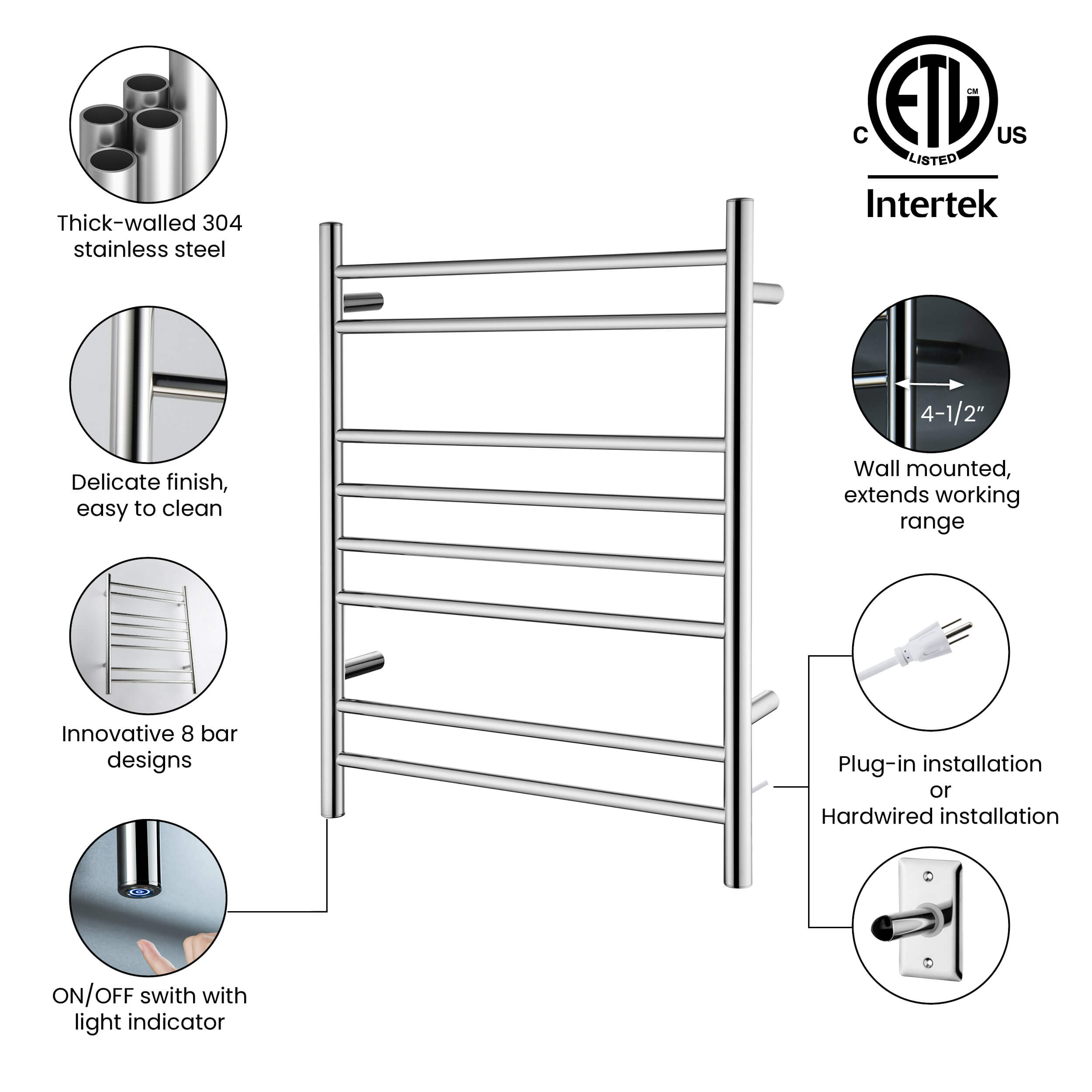 24"W x 30-1/4"H ETL Certified Hardwired/Plug-in Wall Mounted Stainless Steel Towel Warmer
