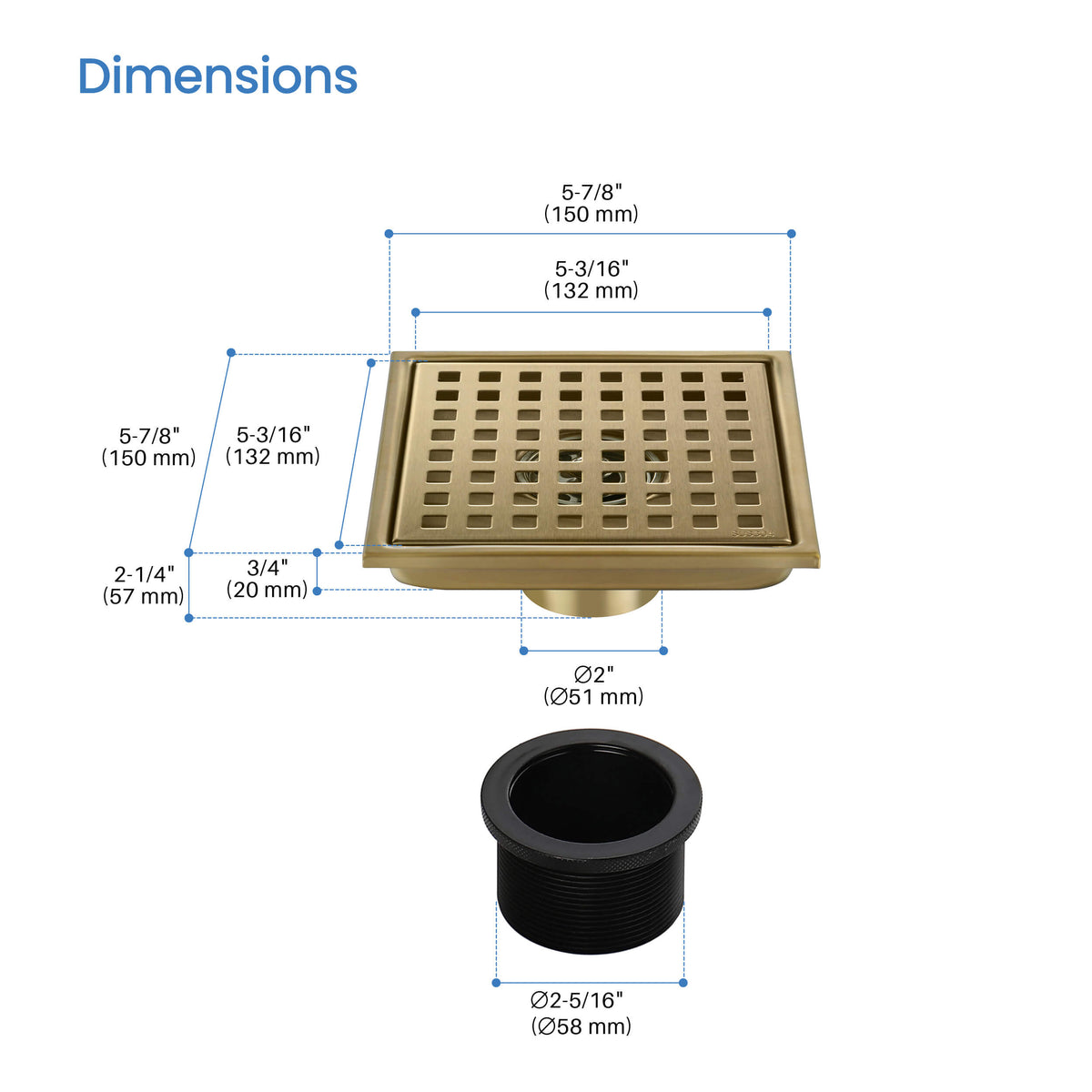 6 inch Square Shower Drain with Square Grid Grate - CFD-0602