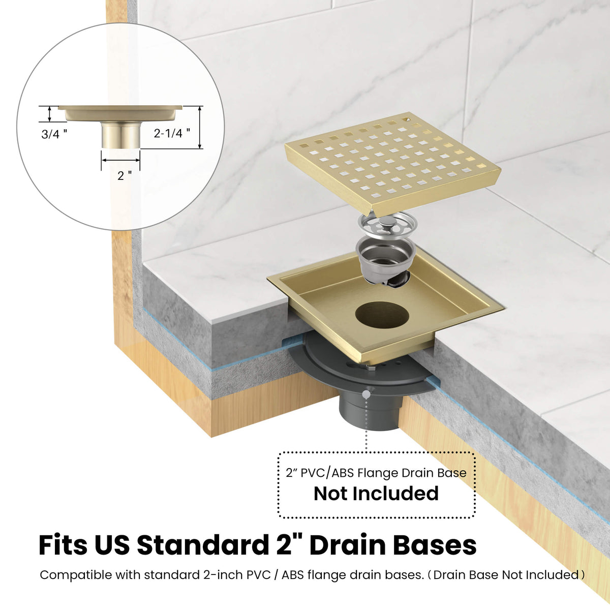 6 inch Square Shower Drain with Square Grid Grate - CFD-0602