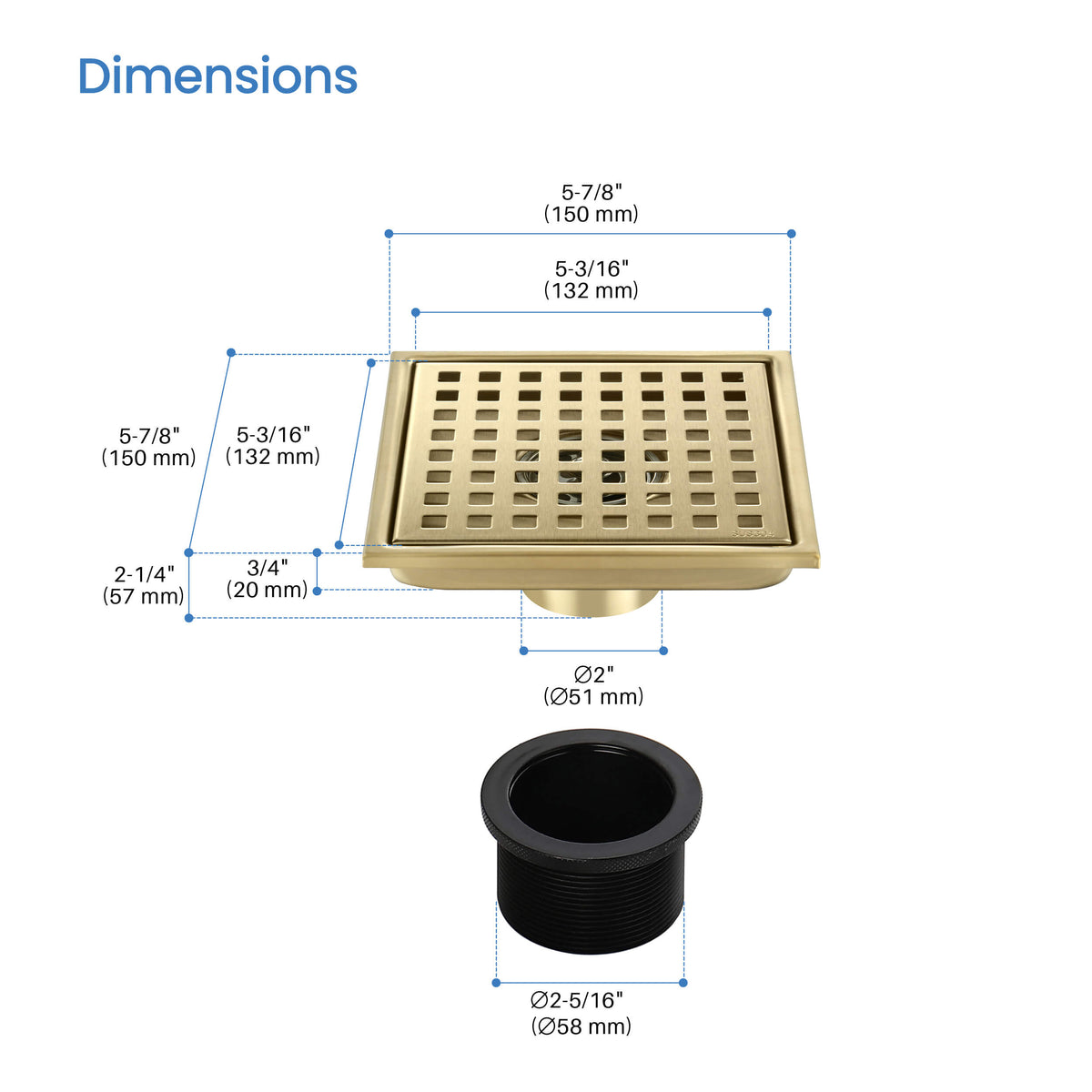 6 inch Square Shower Drain with Square Grid Grate - CFD-0602