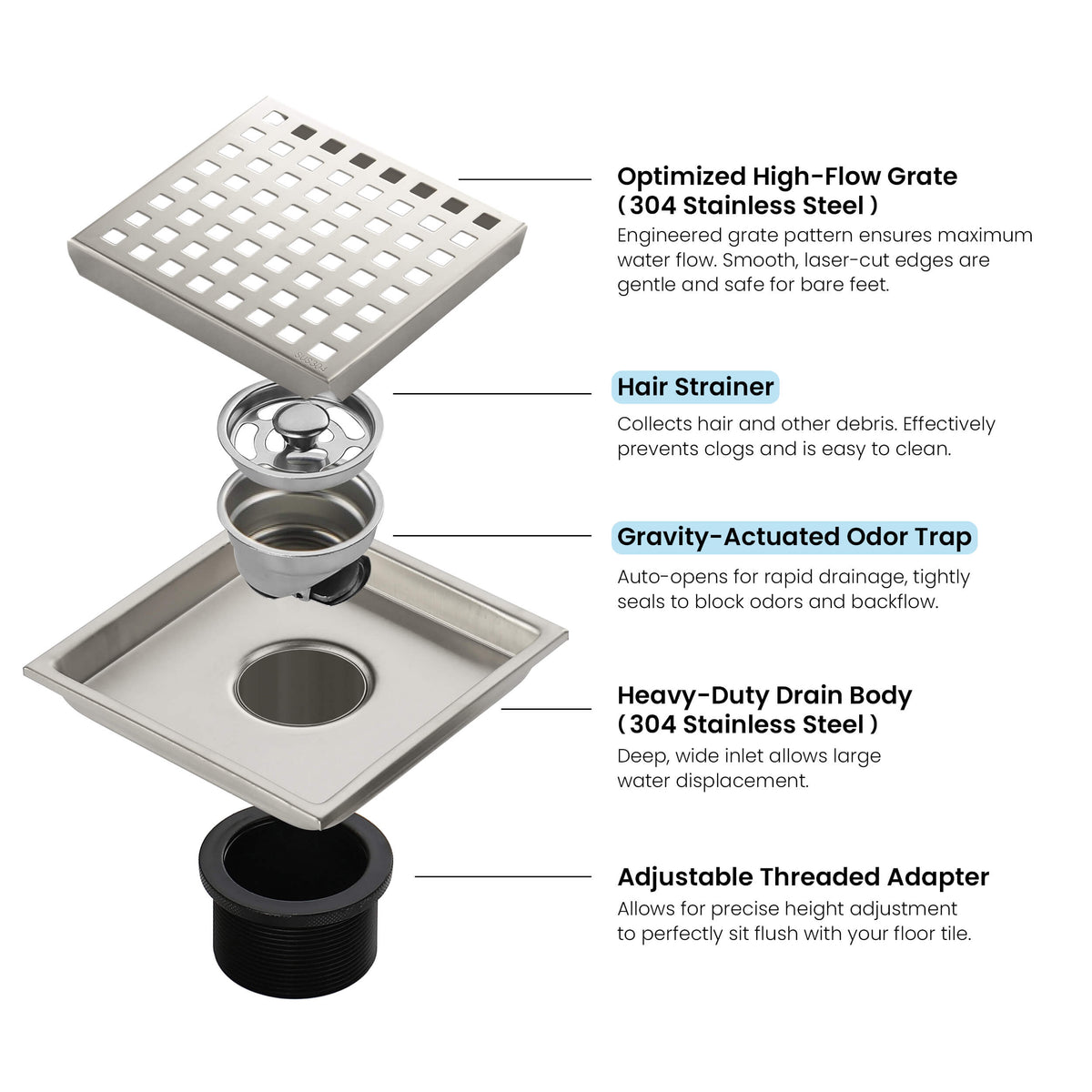 6 inch Square Shower Drain with Square Grid Grate - CFD-0602
