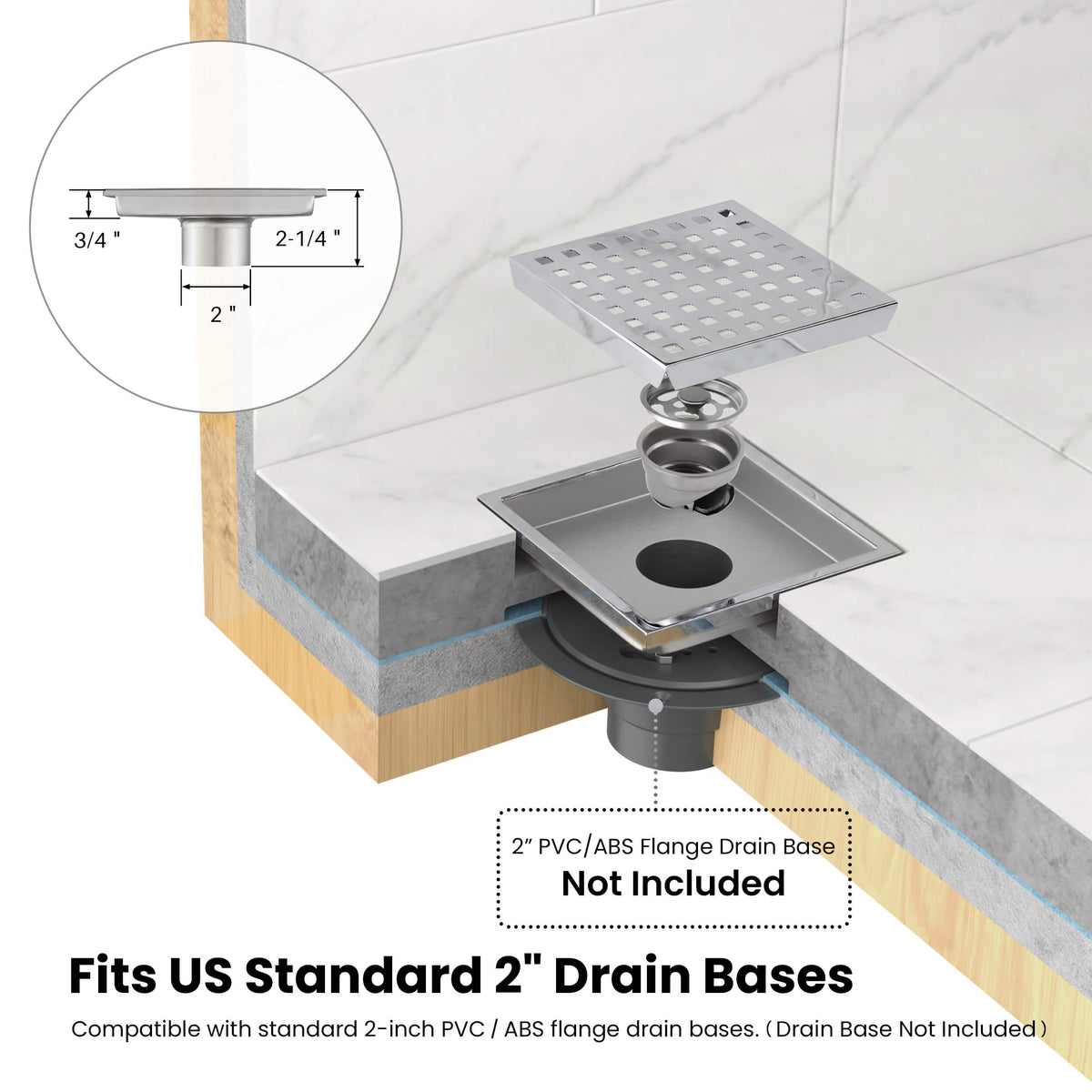 6 inch Square Shower Drain with Square Grid Grate - CFD-0602