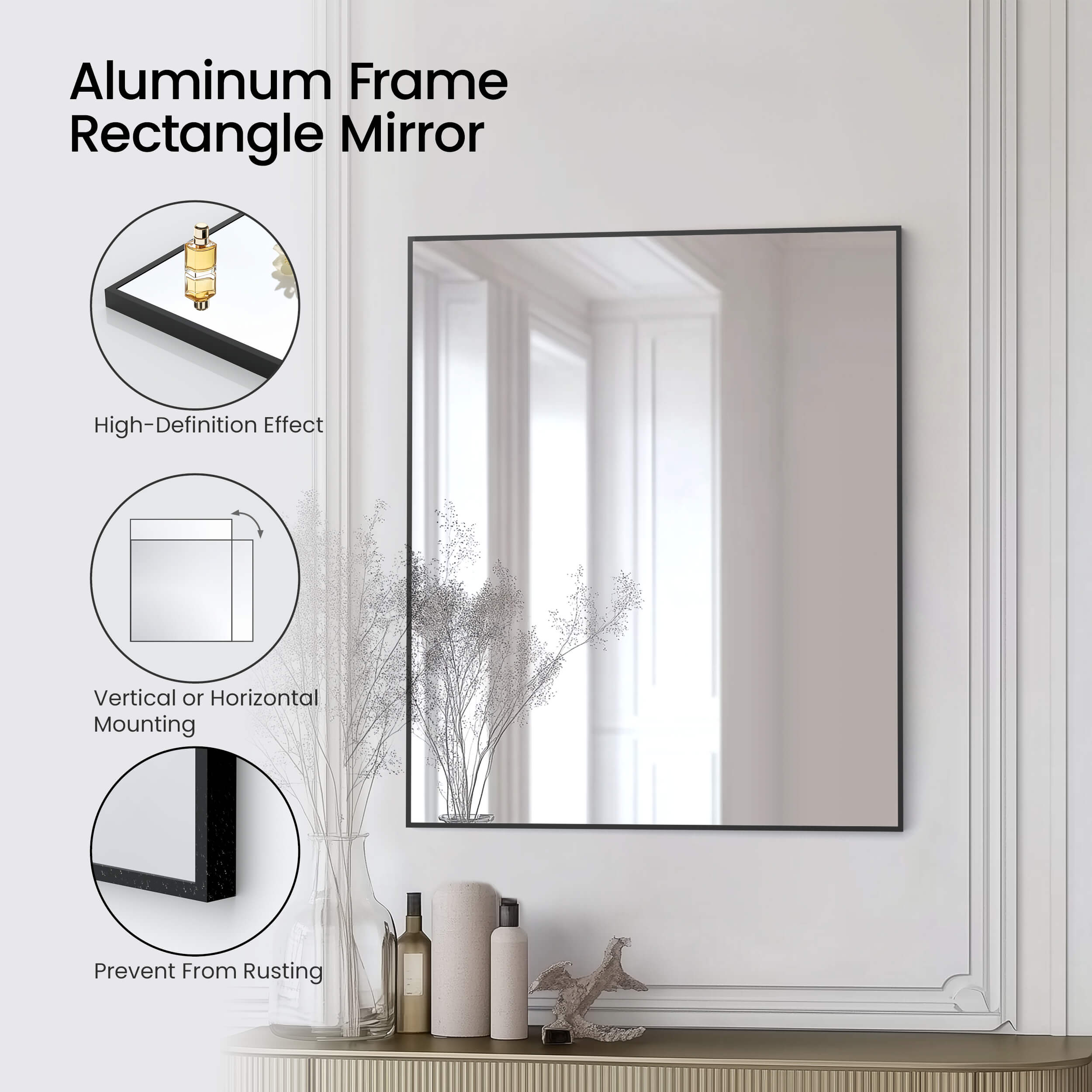 30" x 36" Shatterproof Wall Mount Metal Frame Mirror - FM1-3036