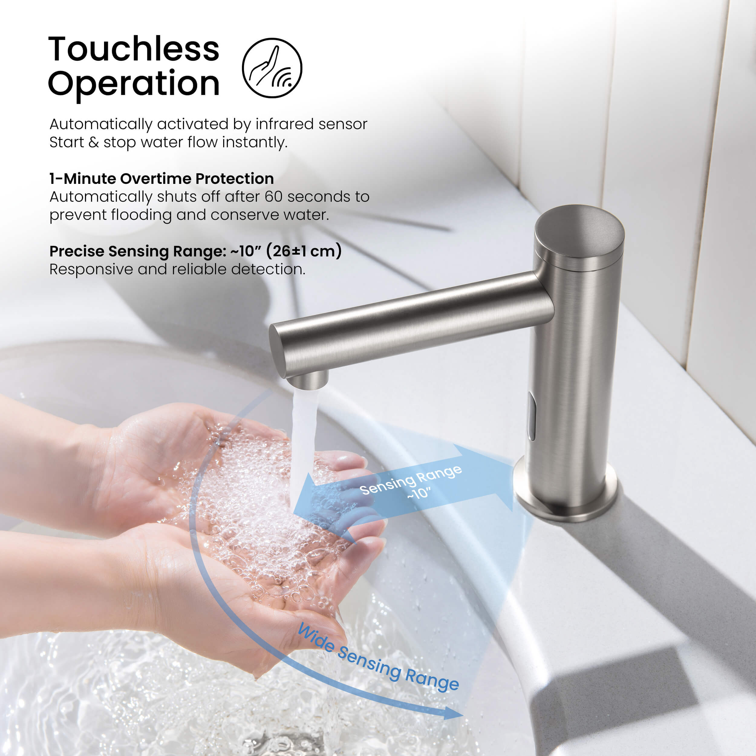 Halo Touchless Bathroom Faucet with Pop-Up Drain — Plug-In or Battery Powered - CBF-1029