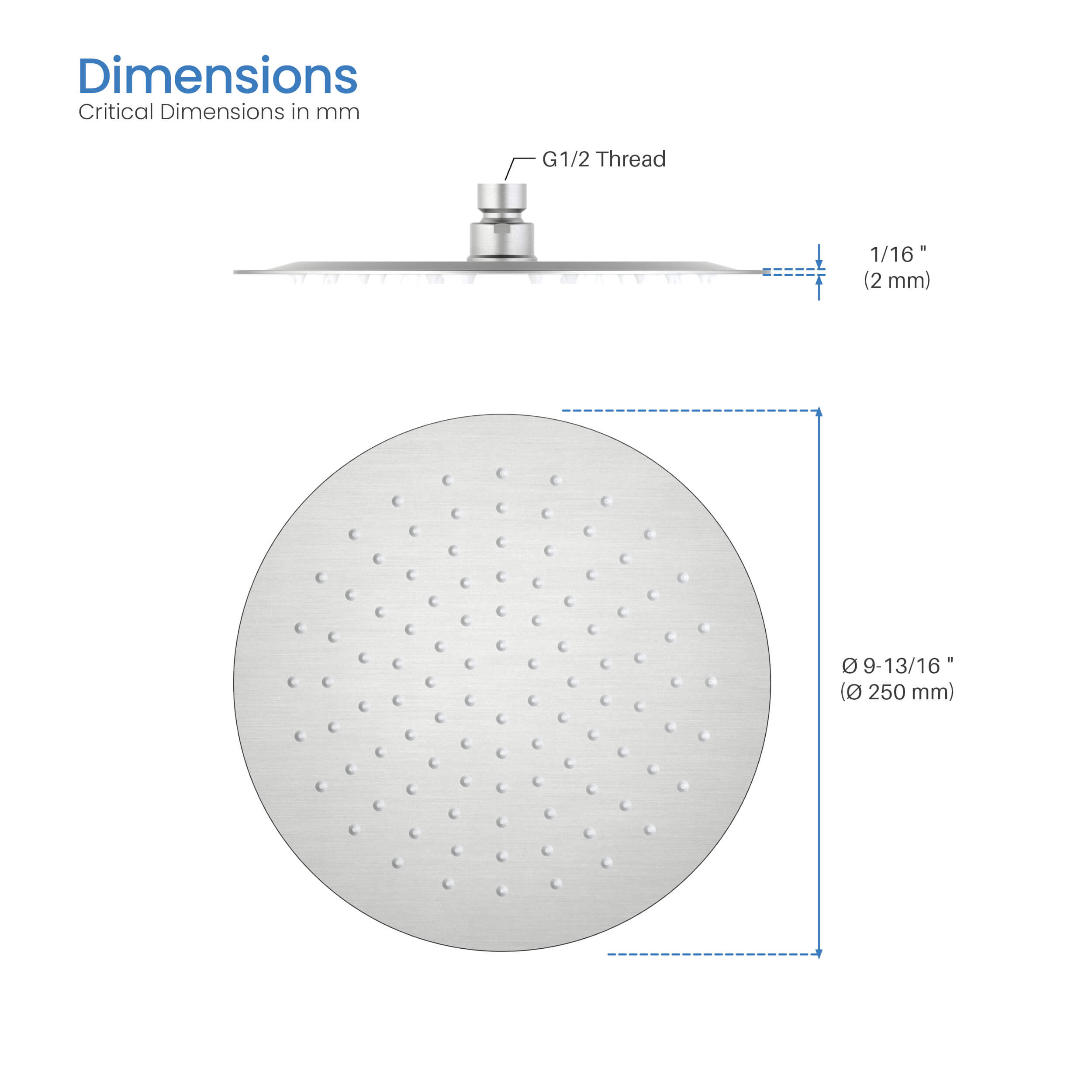 Halo 10" Metal Rain Shower Head 2mm Ultra Thin Profile - RS100