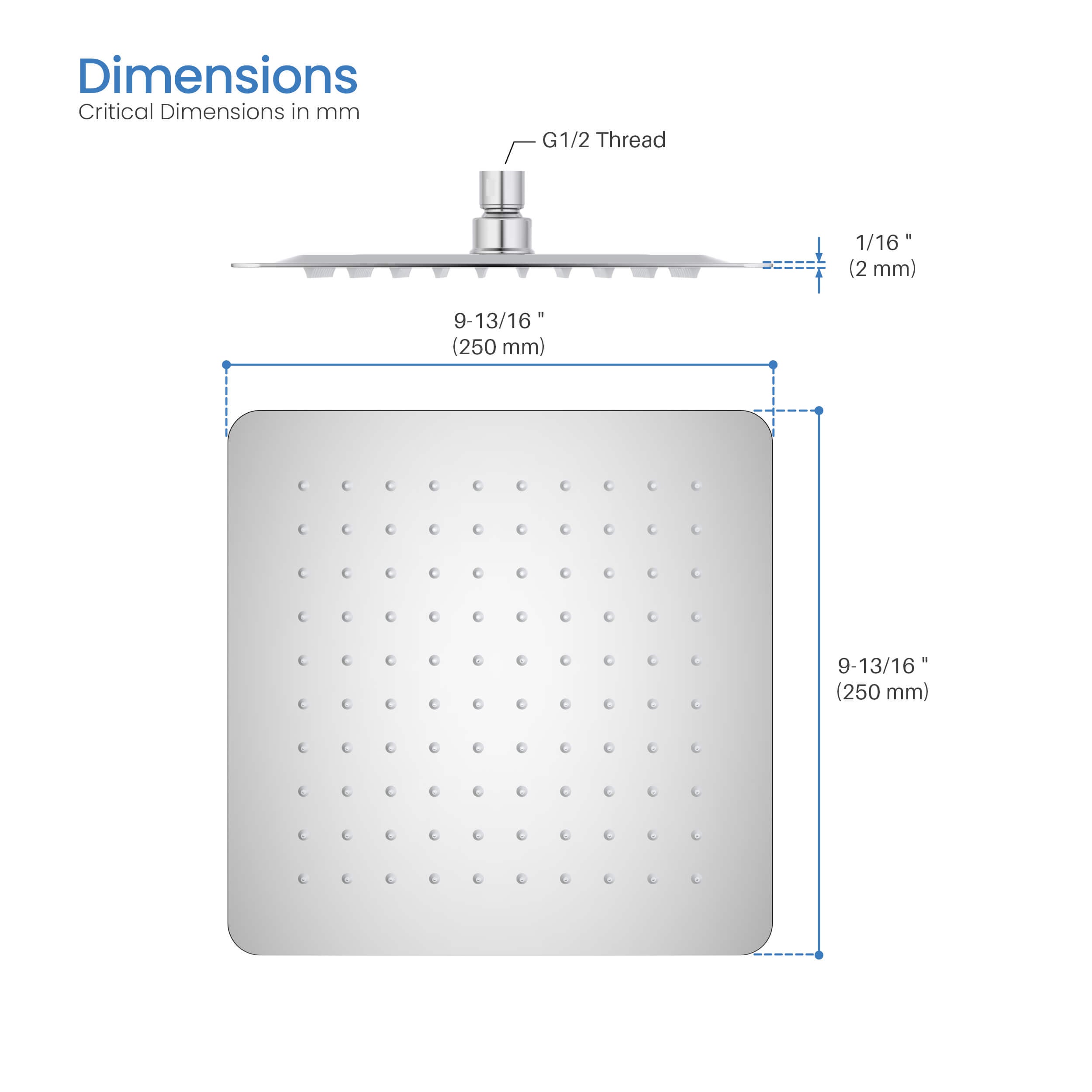 Quadra 10" Metal Rain Shower Head 2mm Ultra Thin Profile - RS101