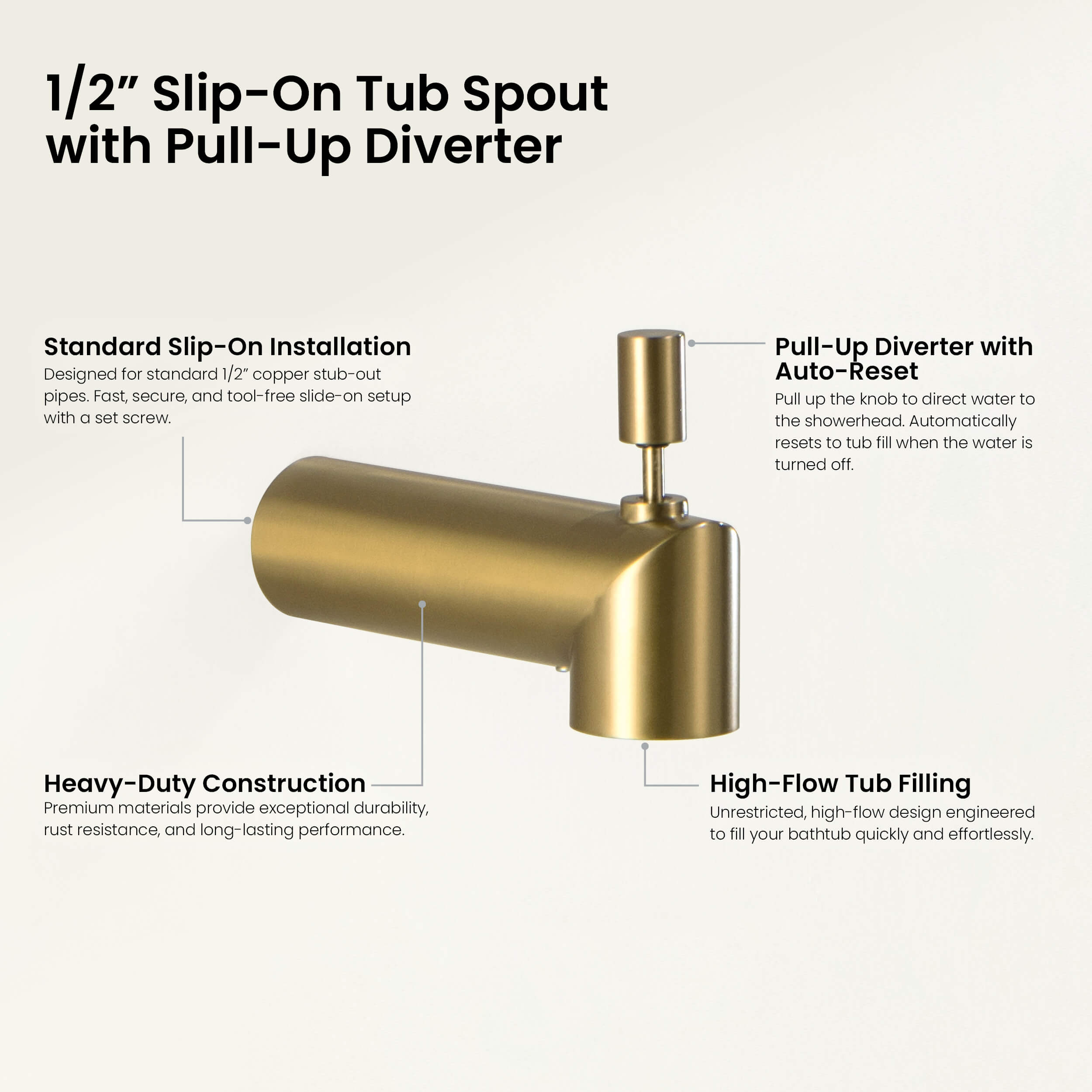Halo Wall Mounted 1/2" Slip-On Tub Spout with Diverter - TS102