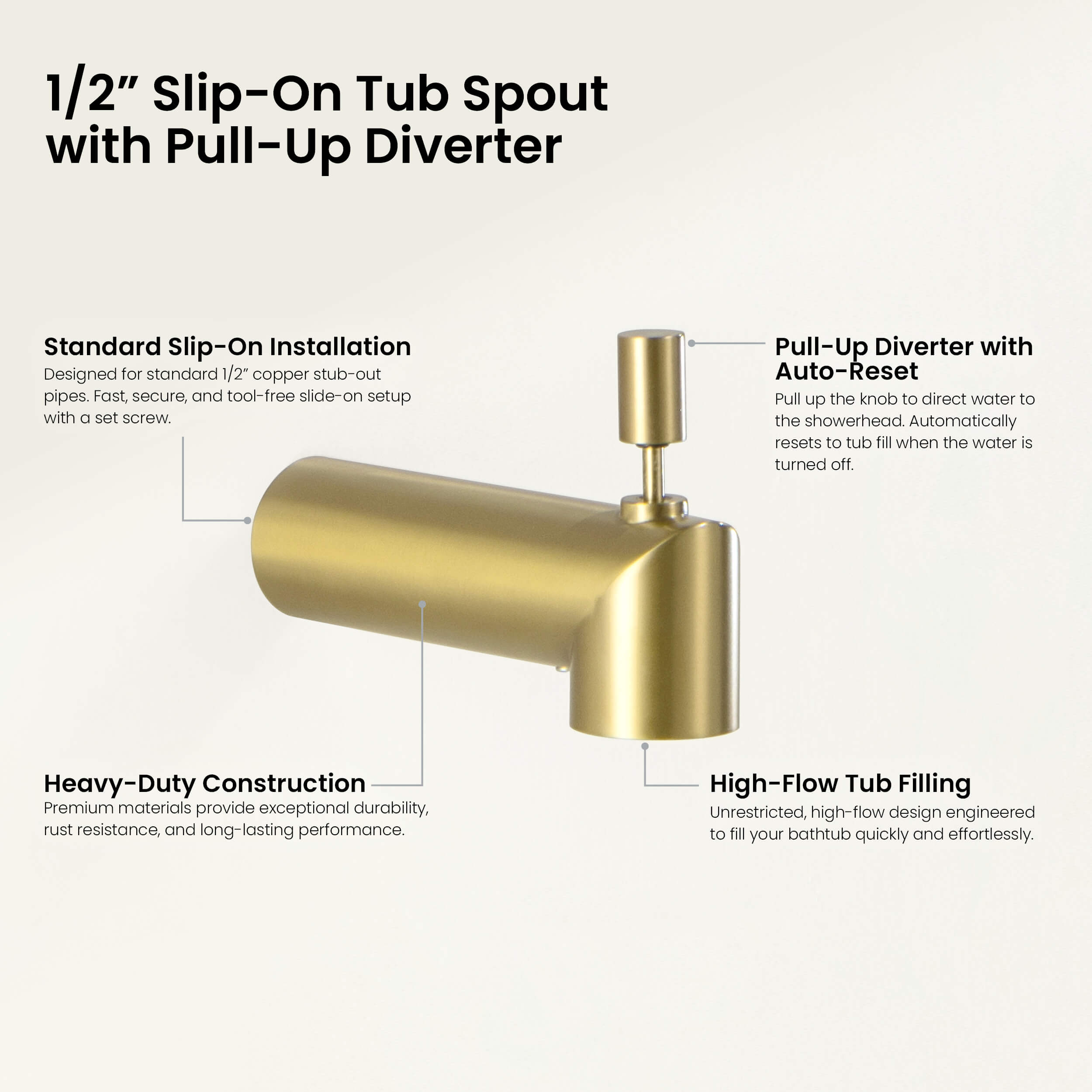 Halo Wall Mounted 1/2" Slip-On Tub Spout with Diverter - TS102